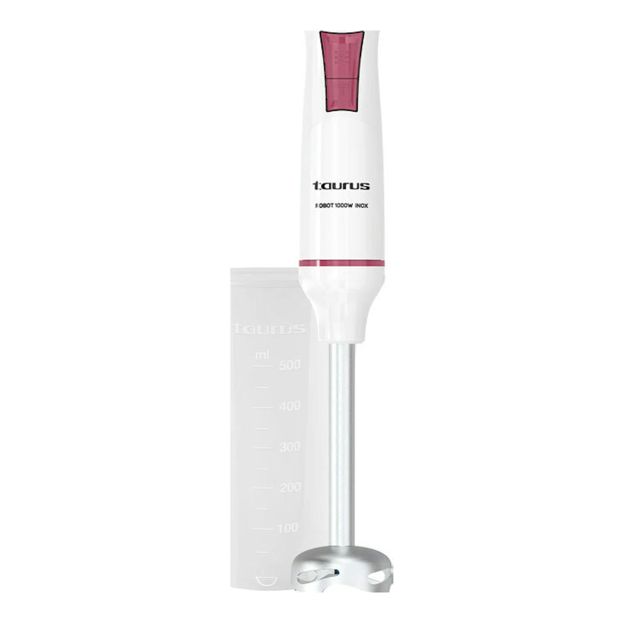 Batidora de mano Taurus Robot 1000 Inox blanca con detalles rosas, vista frontal, con vaso medidor.