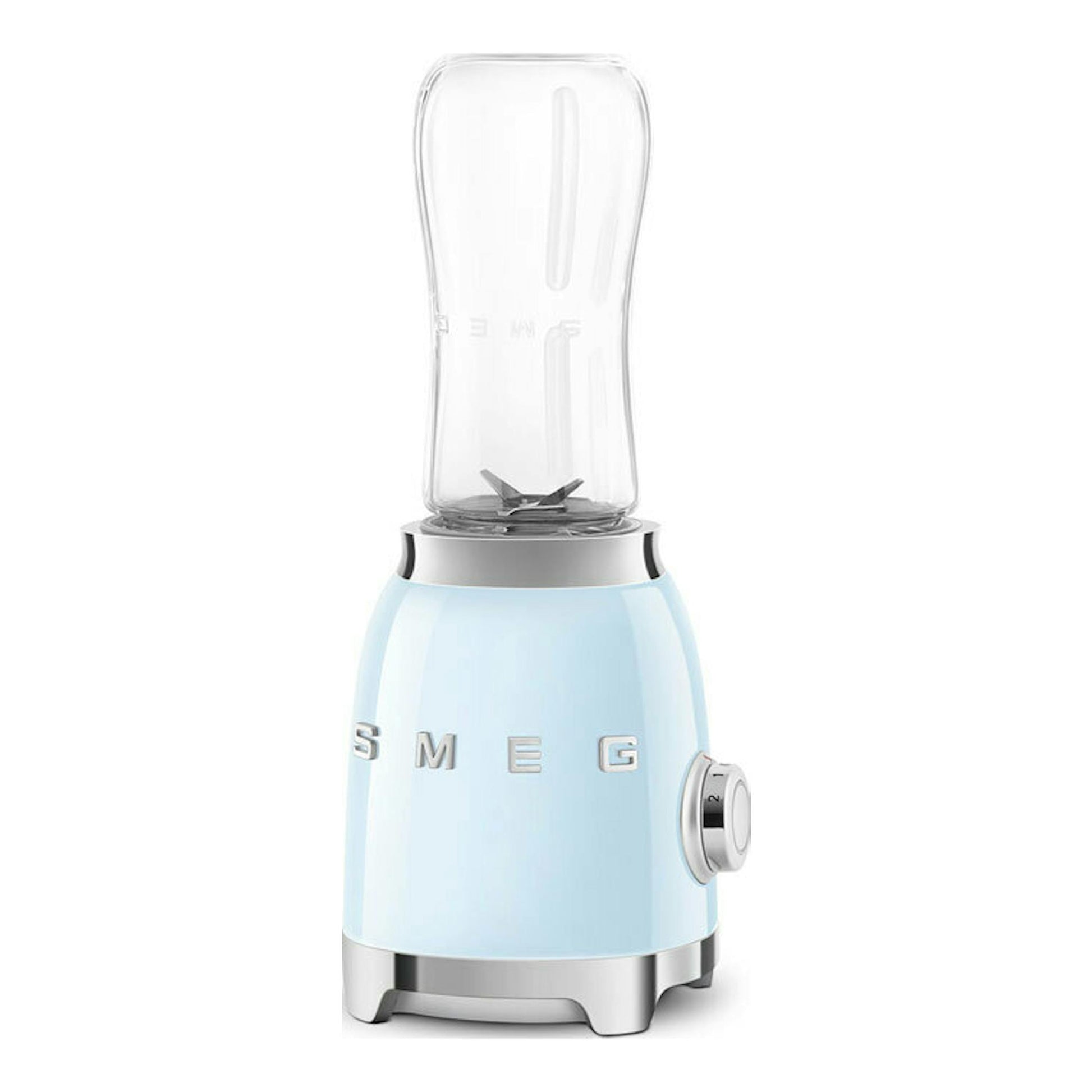 Batidora vaso Smeg PBF01PBEU azul claro, vista frontal, con vaso transparente y base cromada.