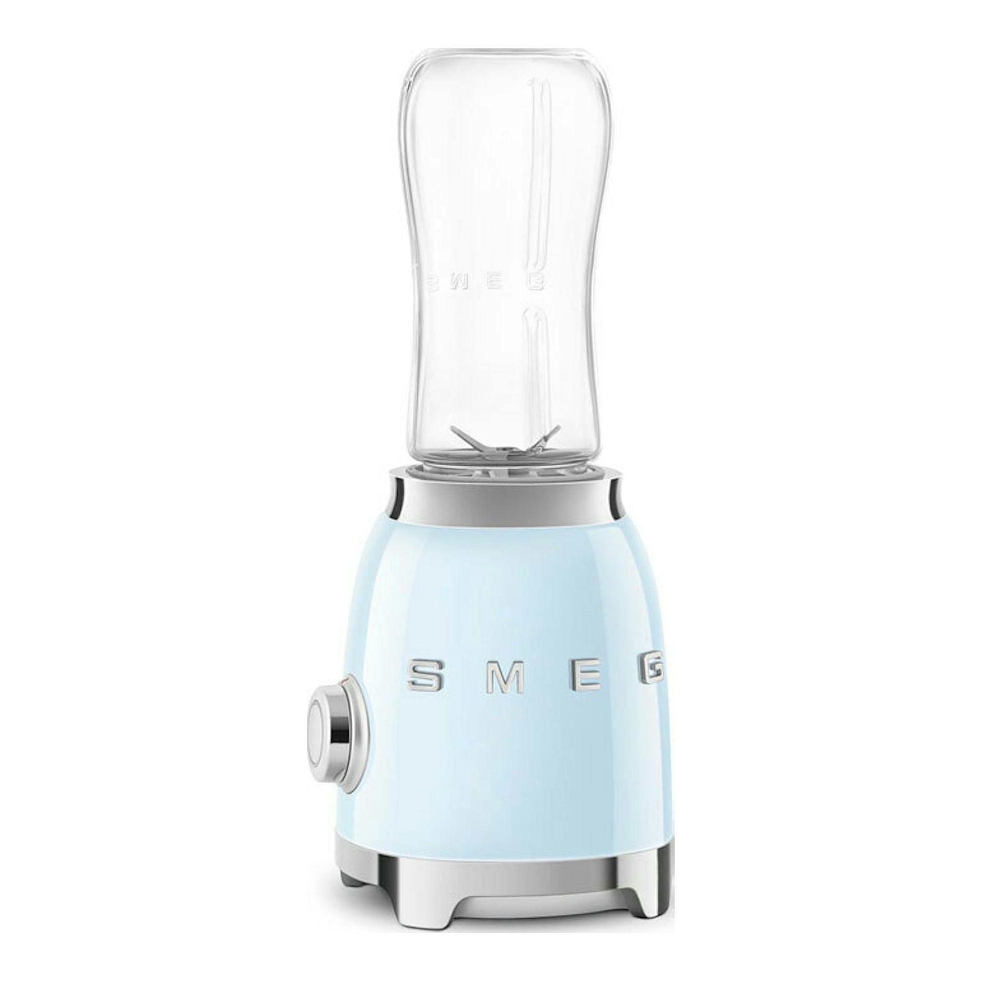 Batidora vaso Smeg PBF01PBEU azul claro, vista frontal, con vaso transparente y base cromada.