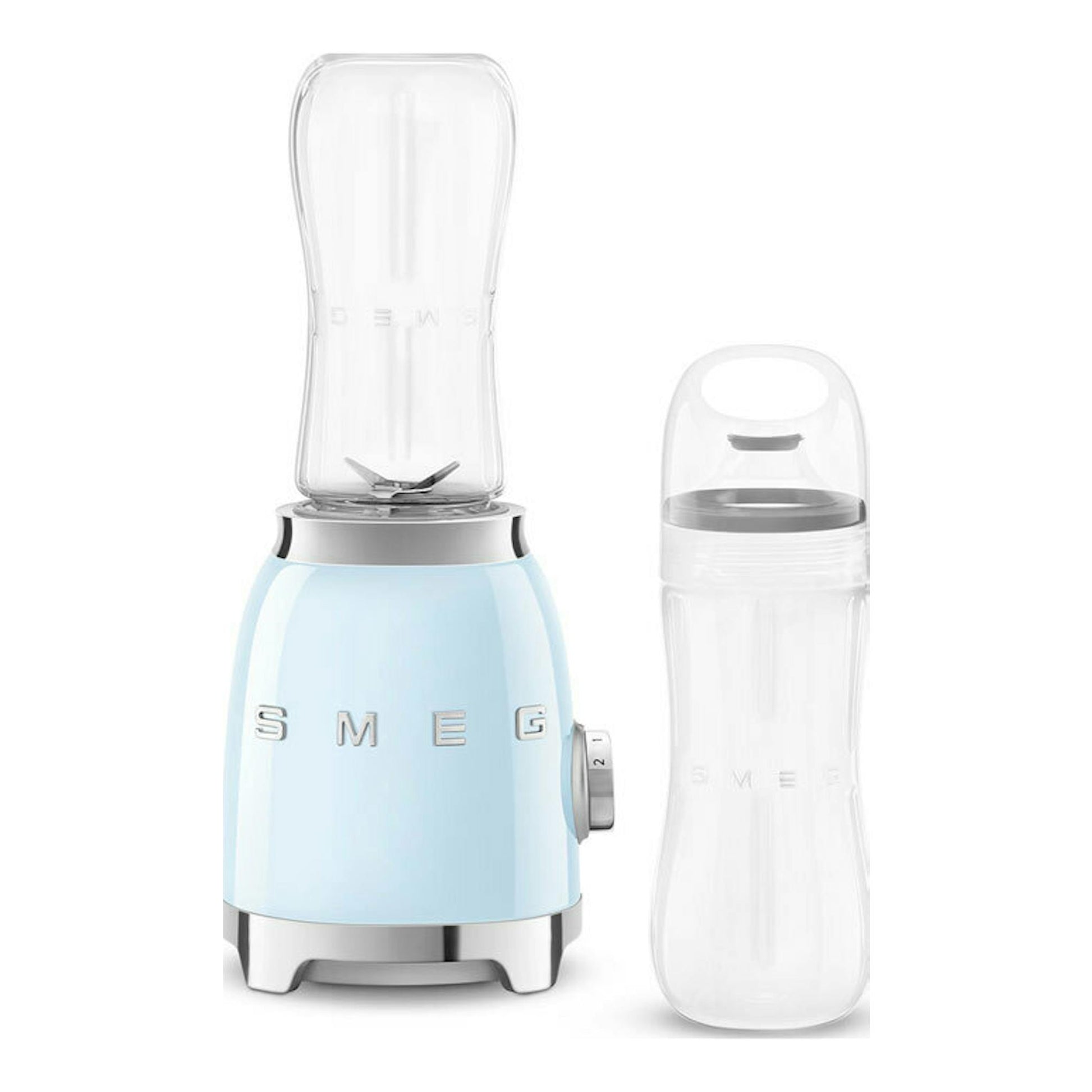 Batidora vaso Smeg PBF01PBEU azul claro con vaso y botella portátil transparentes, vista frontal.