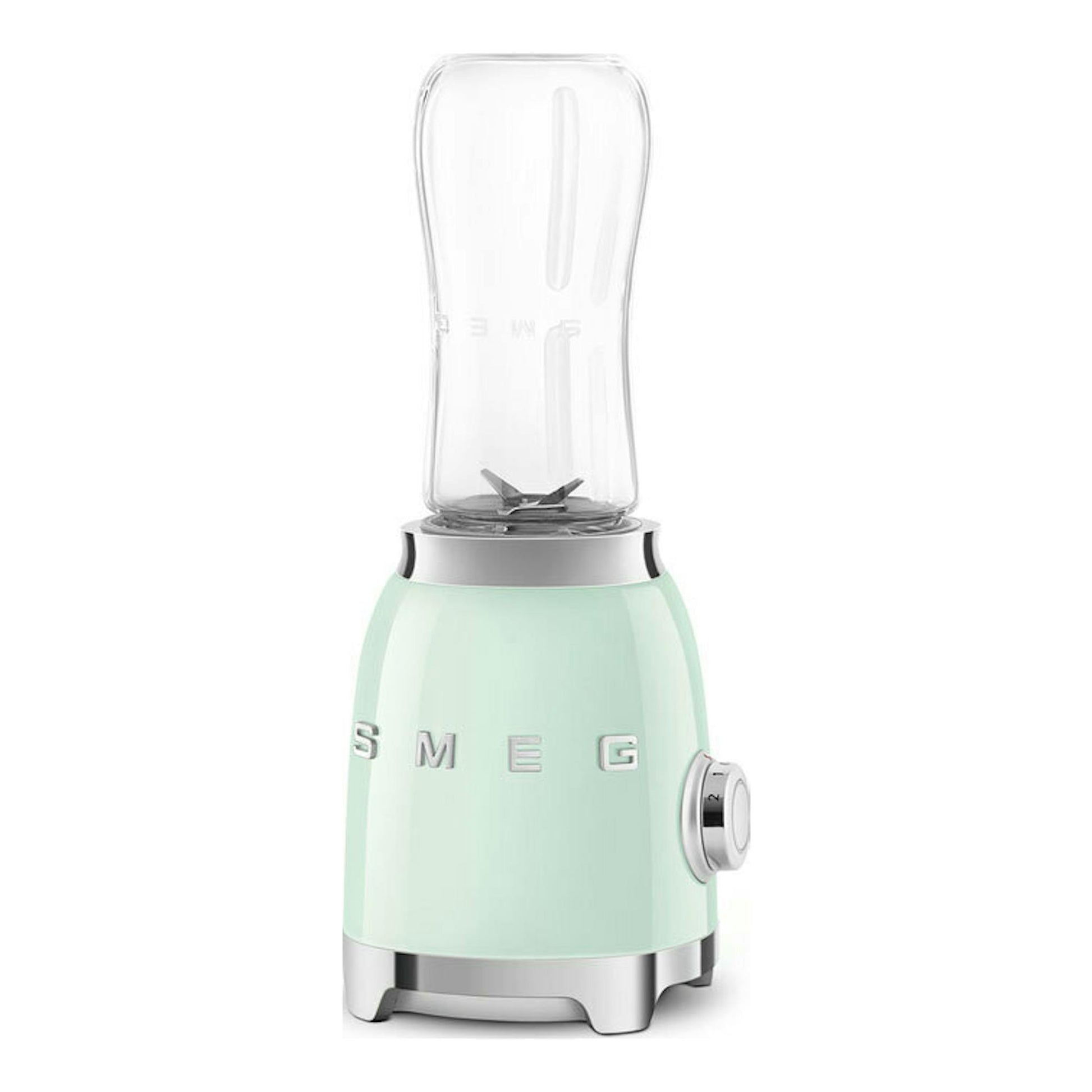 Batidora vaso Smeg PBF01PGEU verde agua, vista frontal, con jarra transparente y base cromada.