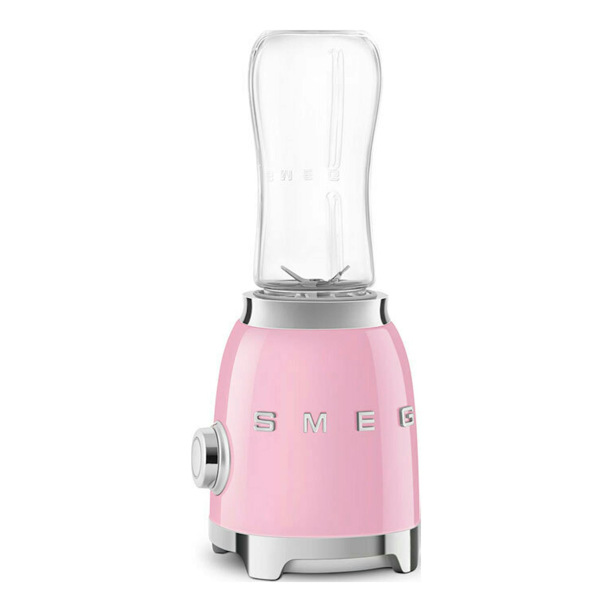 Batidora vaso Smeg PBF01PKEU rosa, vista frontal, con jarra transparente y base rosa.