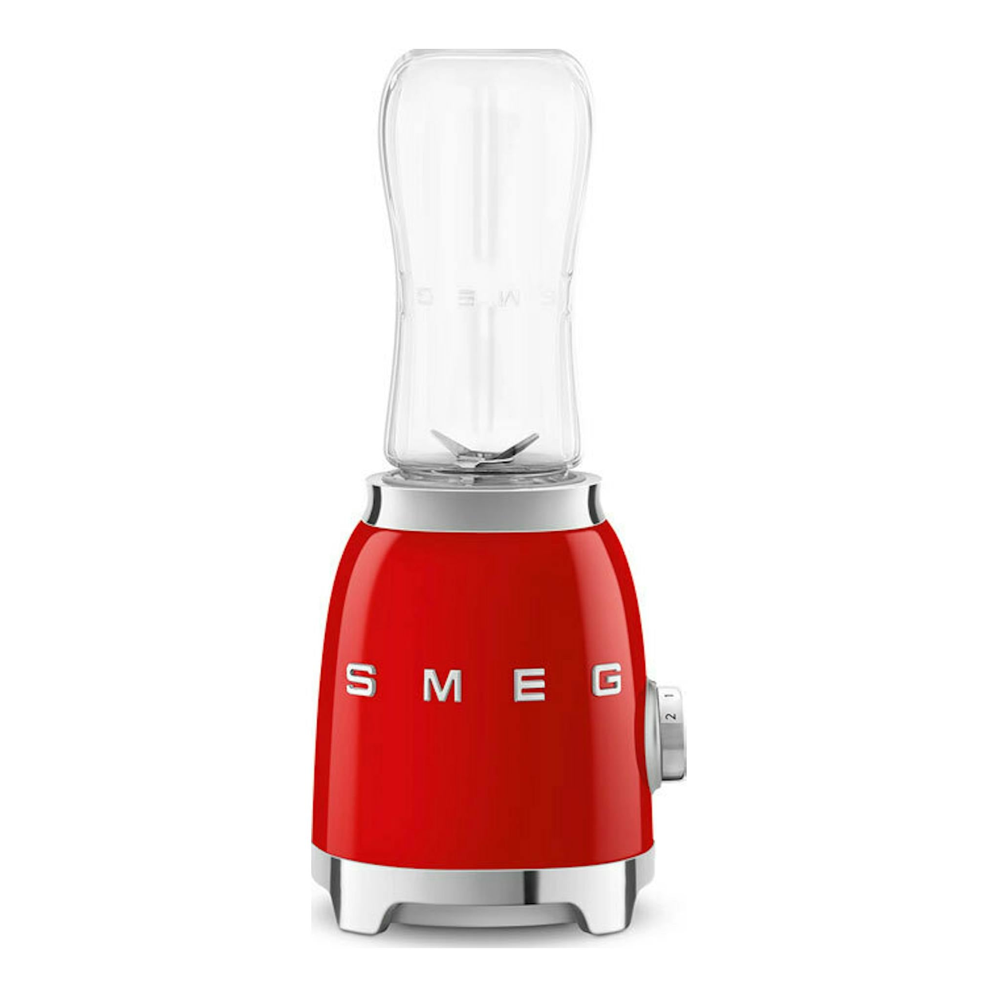 Batidora vaso Smeg PBF01RDEU roja, vista frontal, con vaso transparente y base plateada.