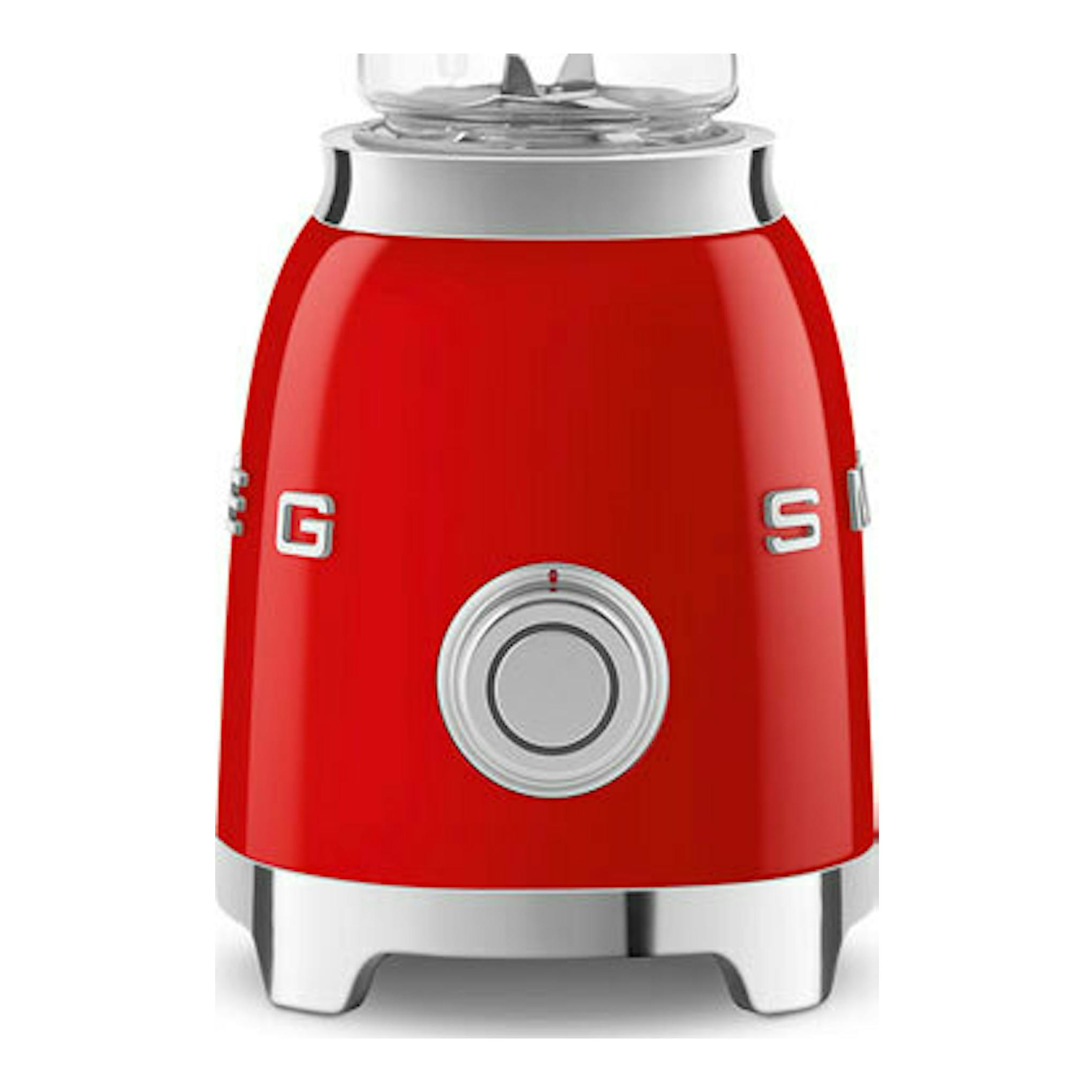 Batidora vaso Smeg PBF01RDEU roja, vista frontal, con vaso transparente y base metálica.