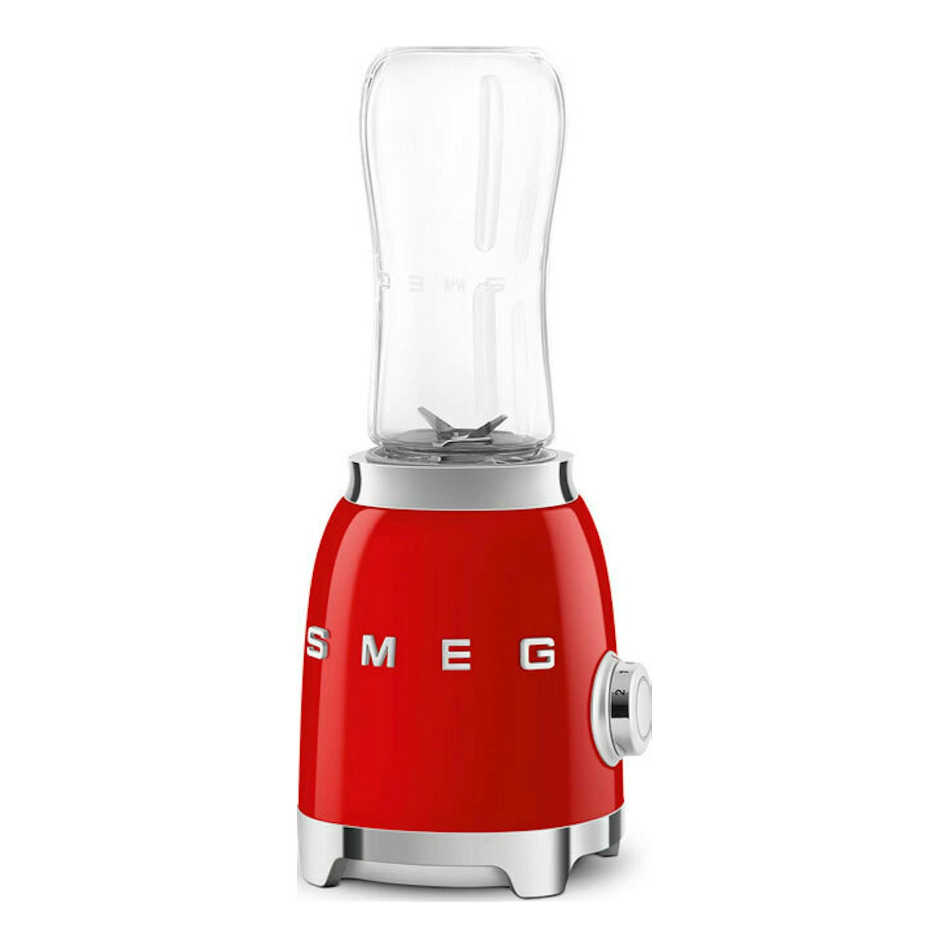 Batidora de vaso Smeg PBF01RDEU roja, vista frontal, con jarra transparente y base cromada.