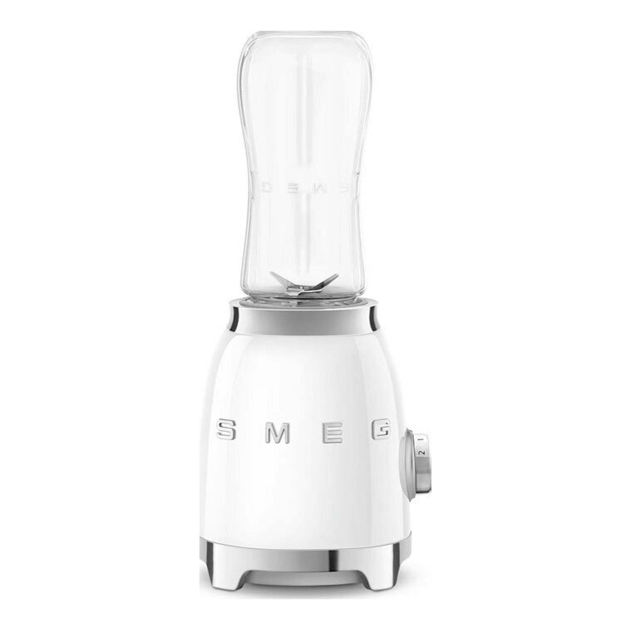 Batidora vaso Smeg PBF01WHEU blanca, vista frontal, con jarra transparente y base blanca.