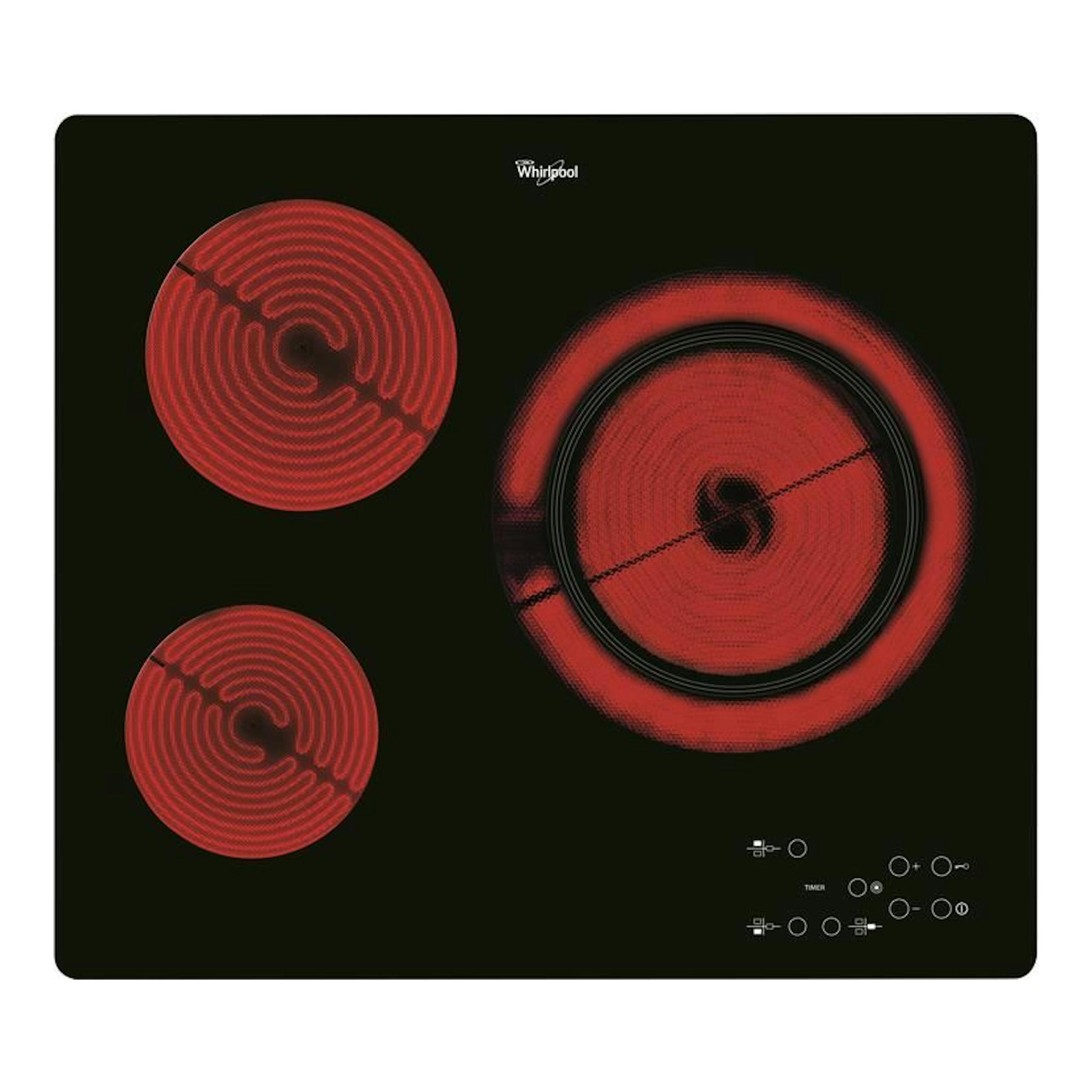 Vitrocerámica Whirlpool AKT807/BF negra, vista frontal, con tres zonas de cocción rojas.