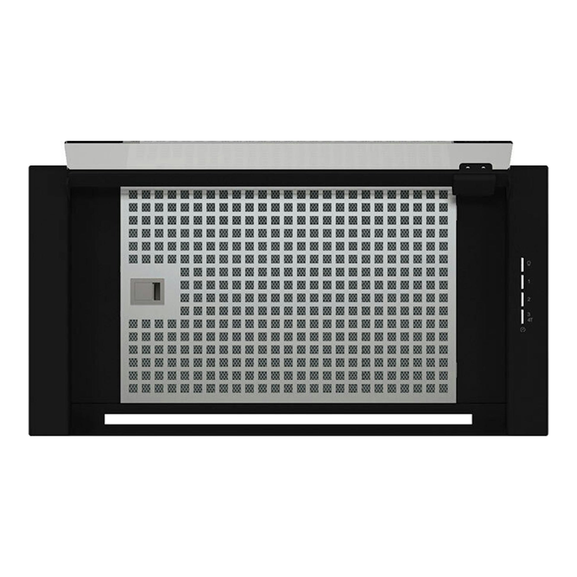 Campana integrable Cata Corona/C, cristal negro, 60 cm, vista frontal con panel perforado y mandos laterales.