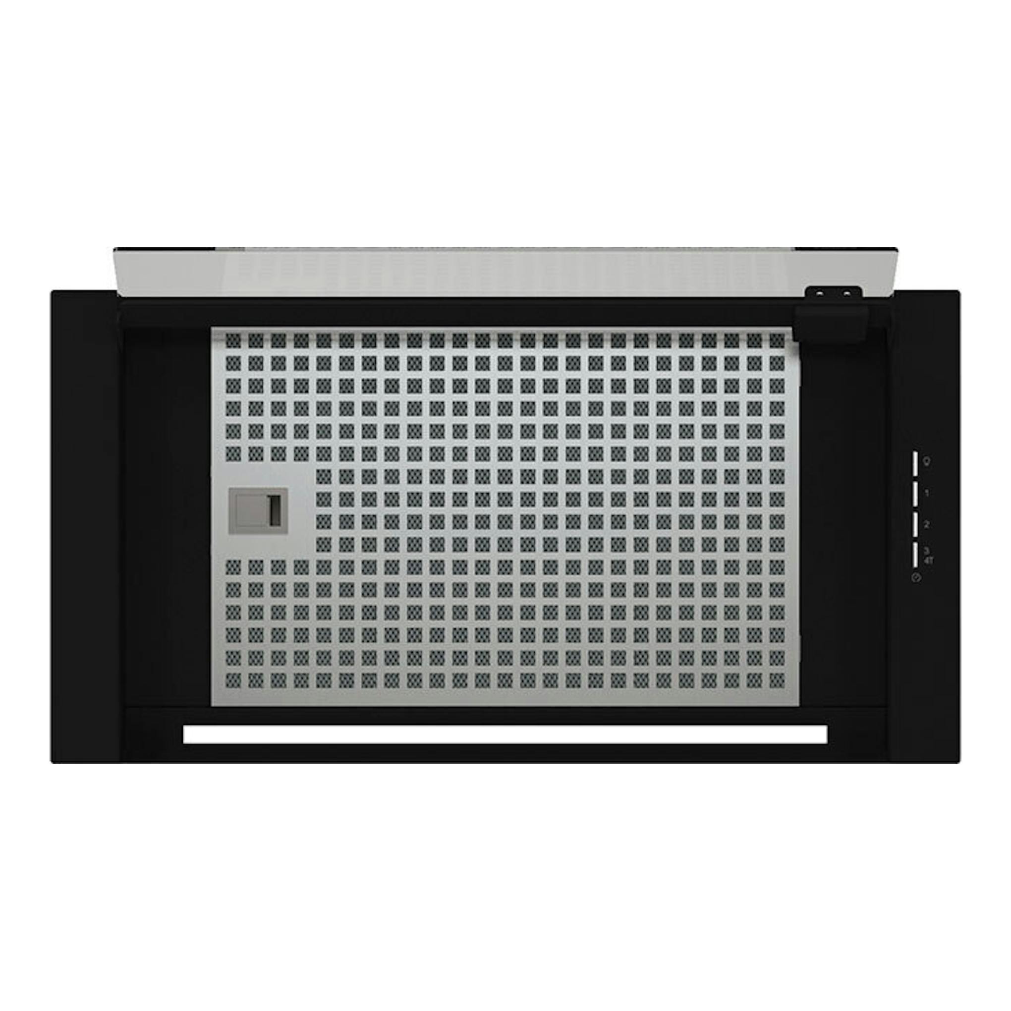 Campana integrable Cata Corona/C, cristal negro, 60 cm, vista frontal con panel perforado y mandos laterales.