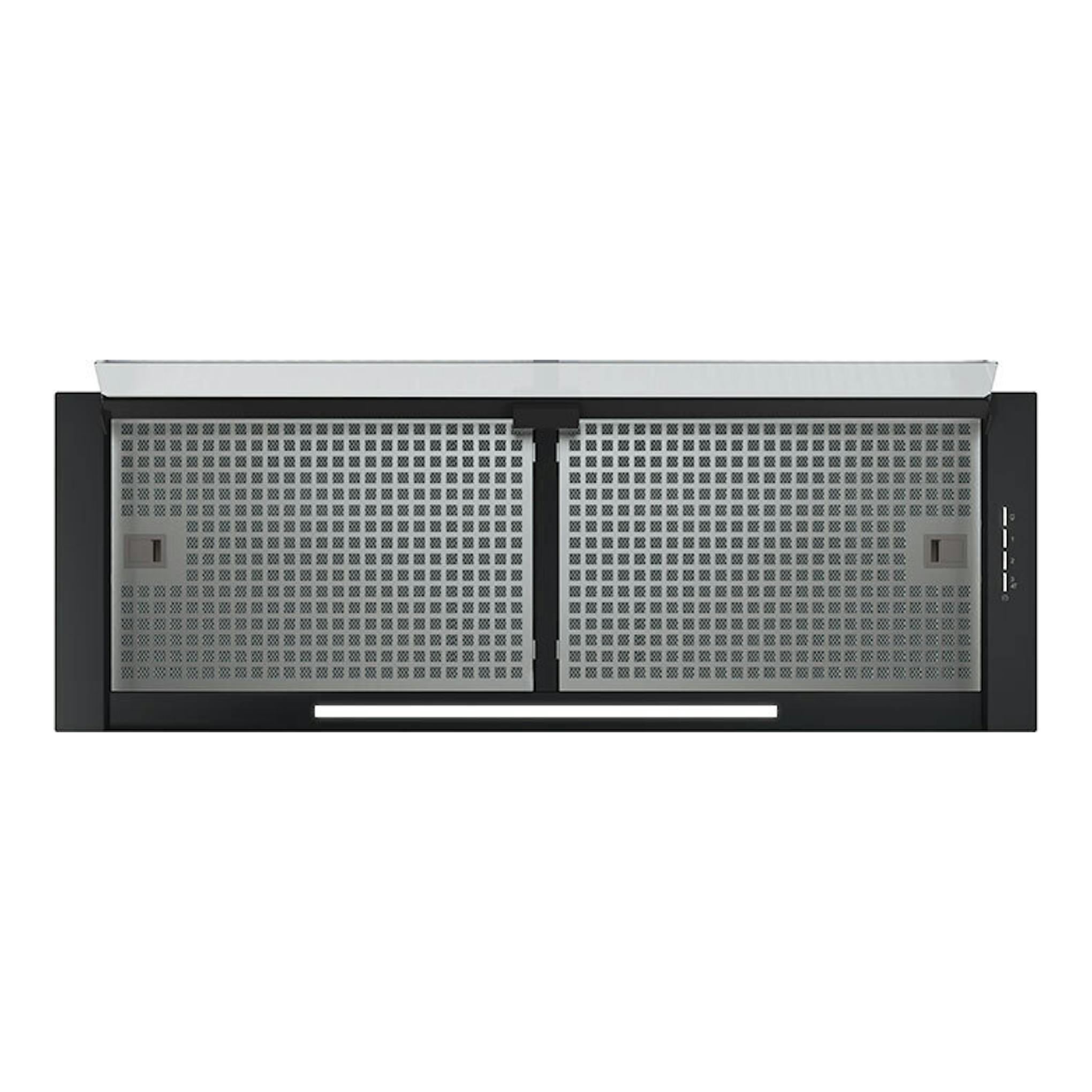 Campana integrable Cata Corona/C de 90 cm, vista frontal, en cristal negro y acero inoxidable.