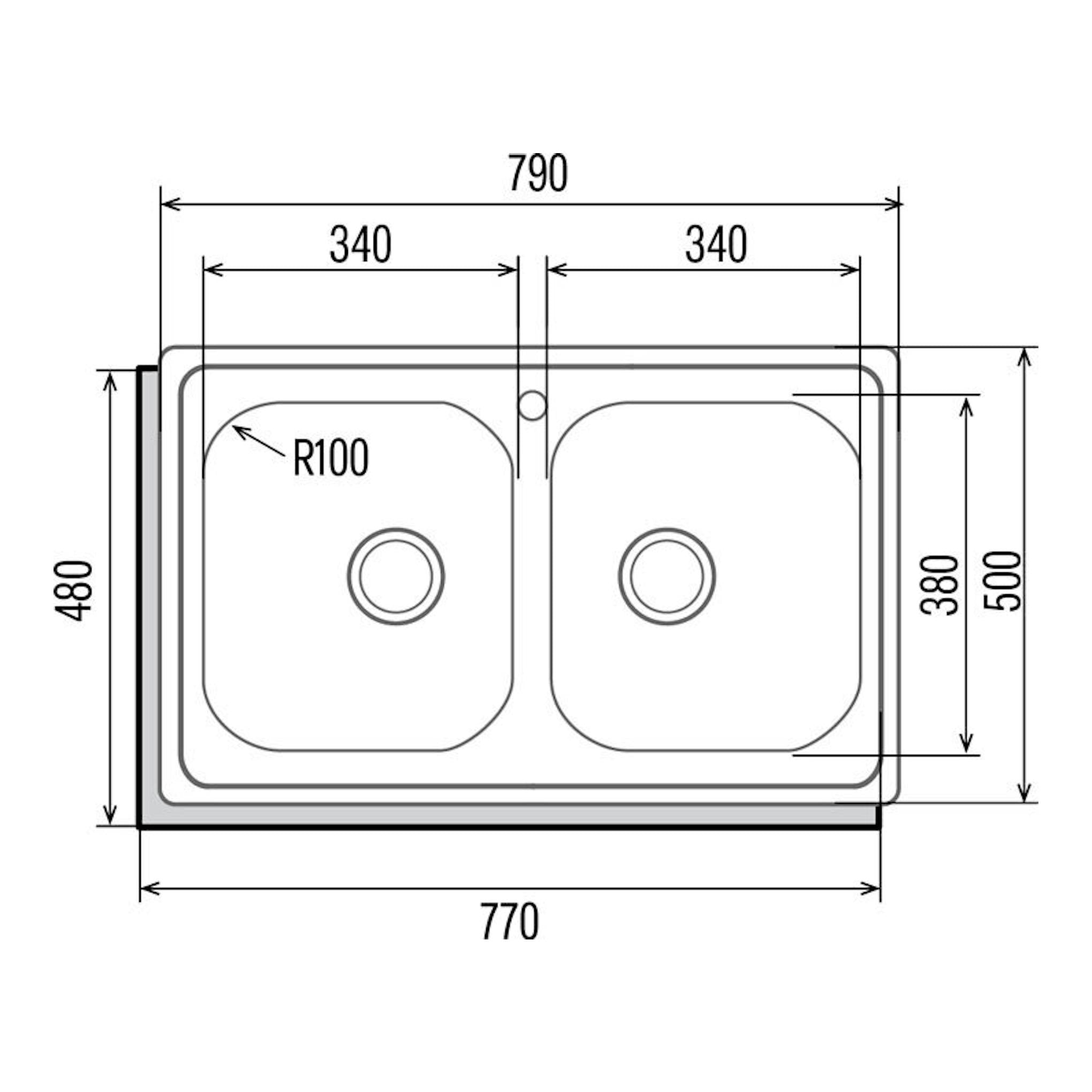 Plano técnico del fregadero Cata C2 AG/C Inox, doble seno, vista superior, medidas 790x500 mm.