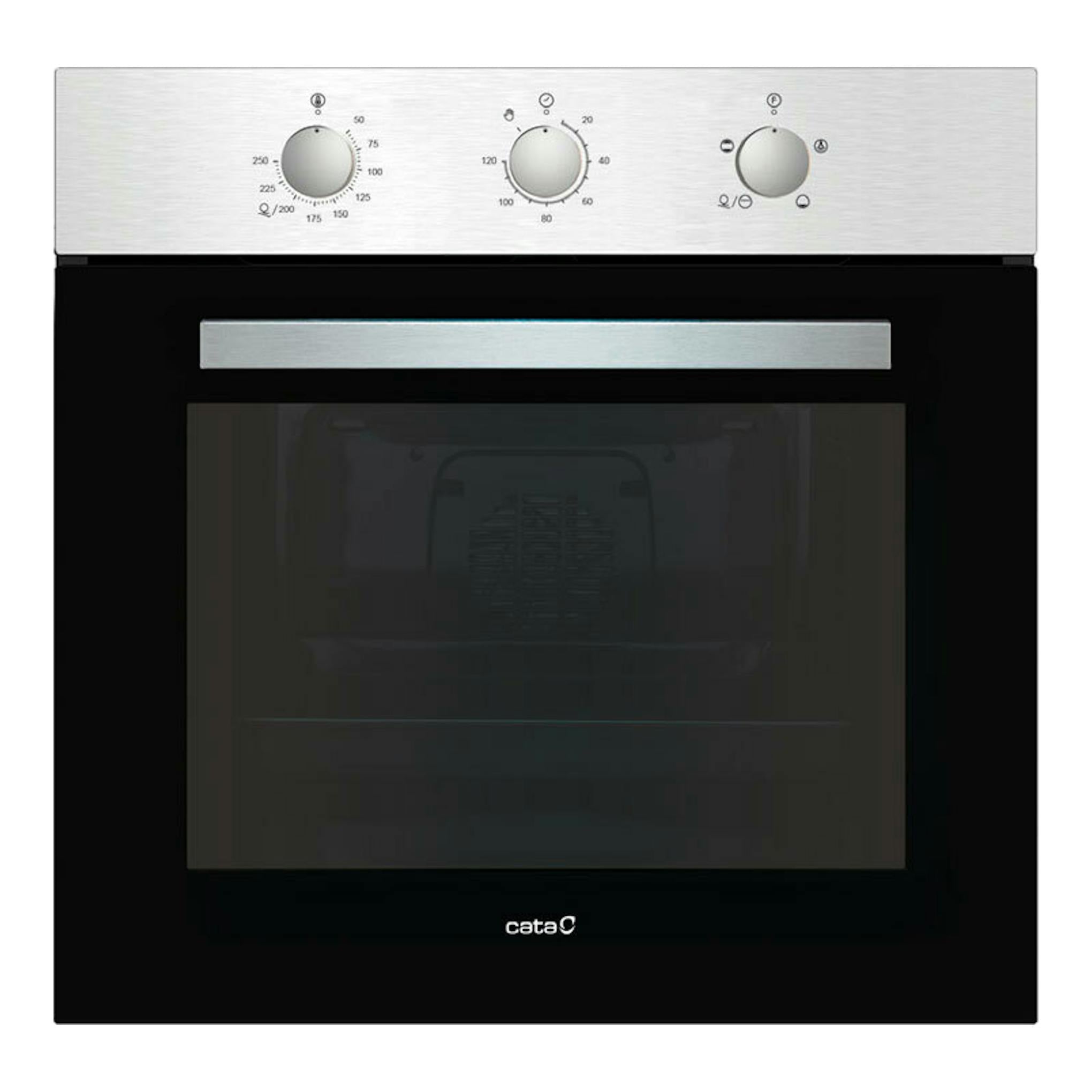 Horno Cata SES7104X/C inox de 60 cm, vista frontal, con panel negro y tres mandos plateados.