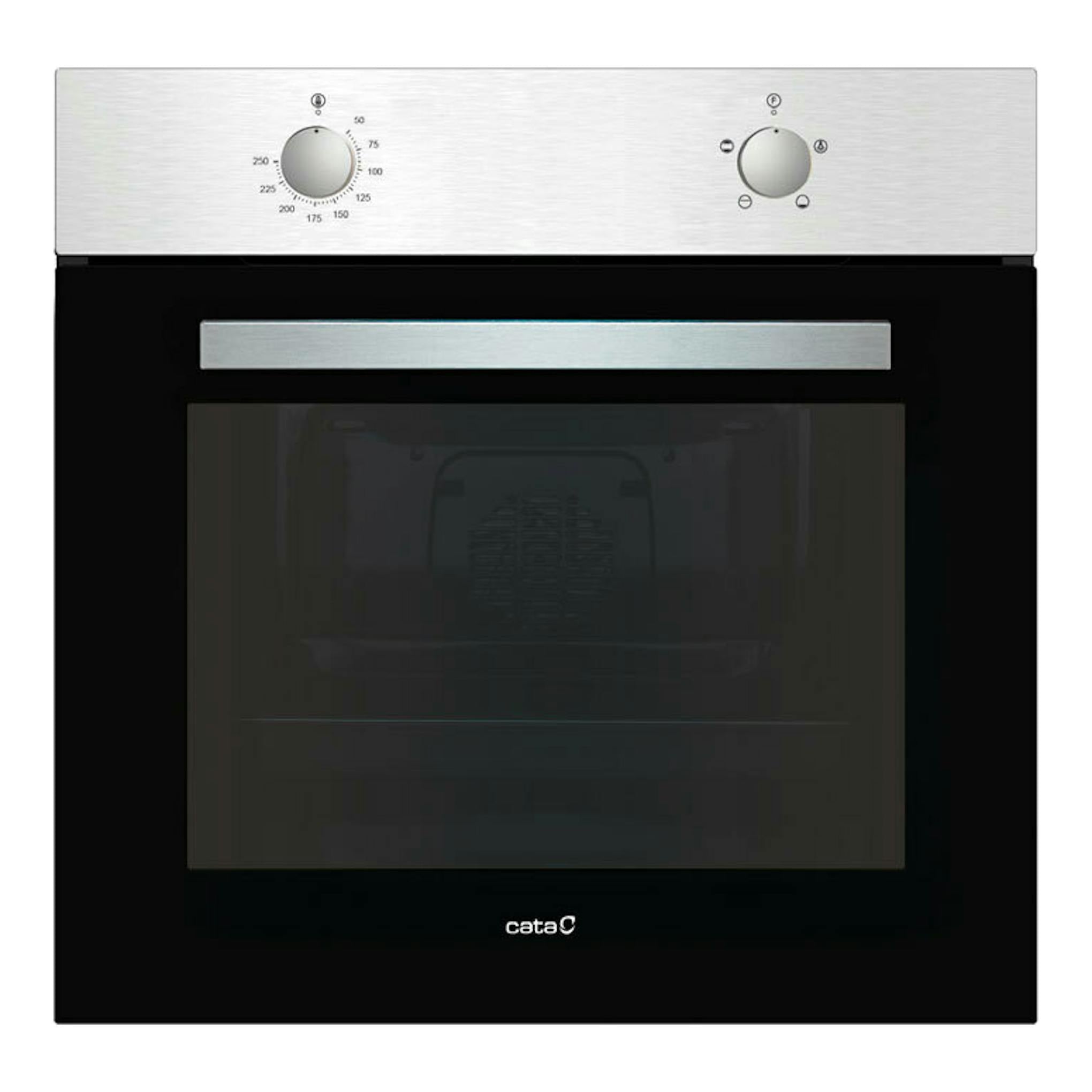 Horno Cata SES7004X/C en vista frontal, inox y negro, con dos mandos y puerta de vidrio.