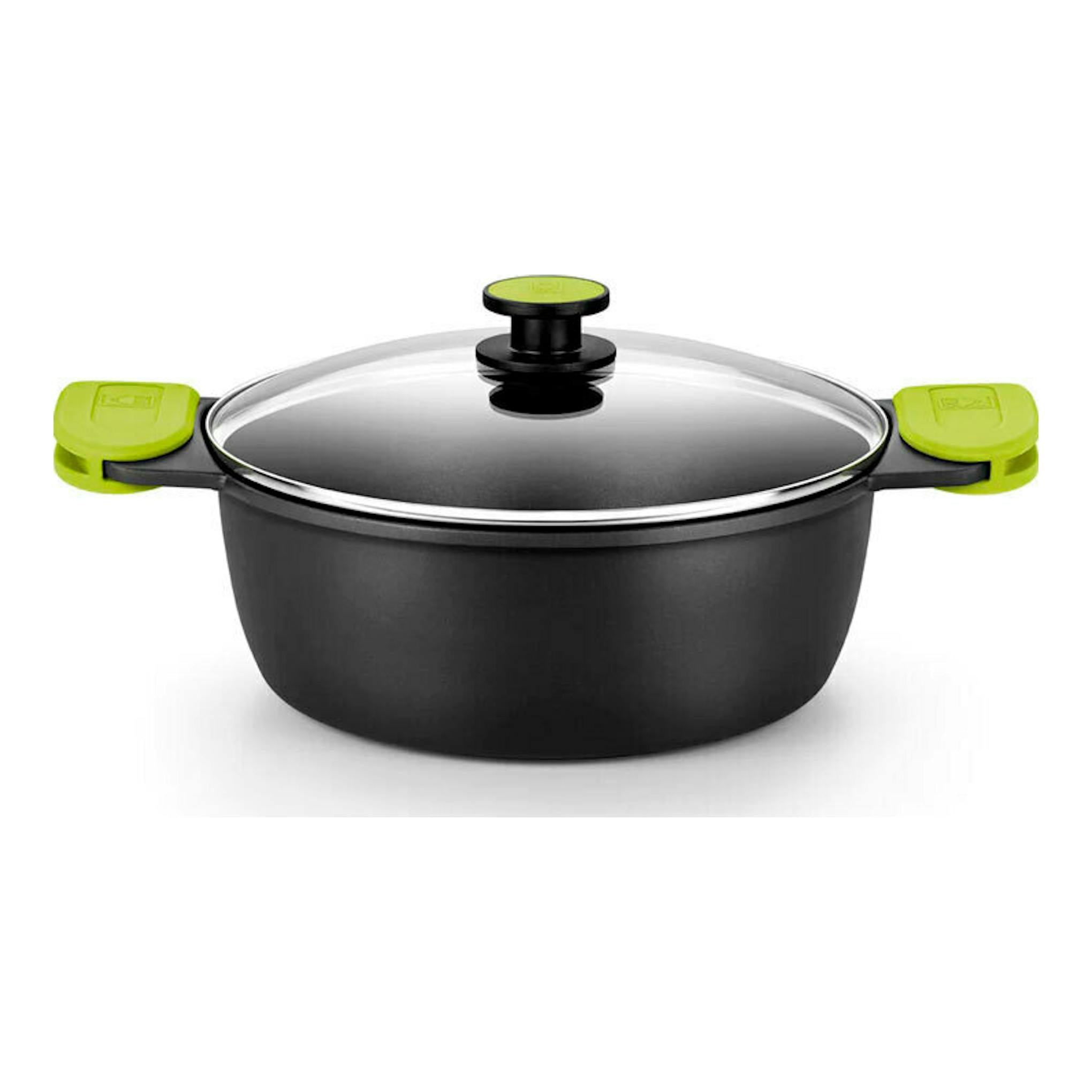 Cacerola Bra Foodie negra con tapa de vidrio y asas verdes, vista frontal.