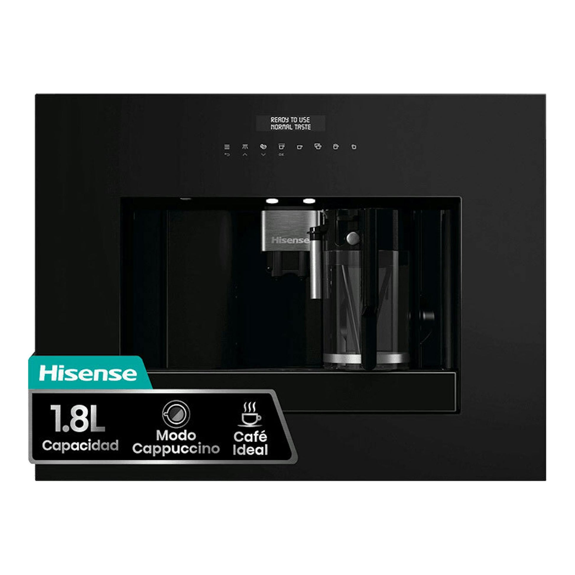 Hisense CM4H8BG, cafetera automática integrable negra, vista frontal con panel y depósito visibles.