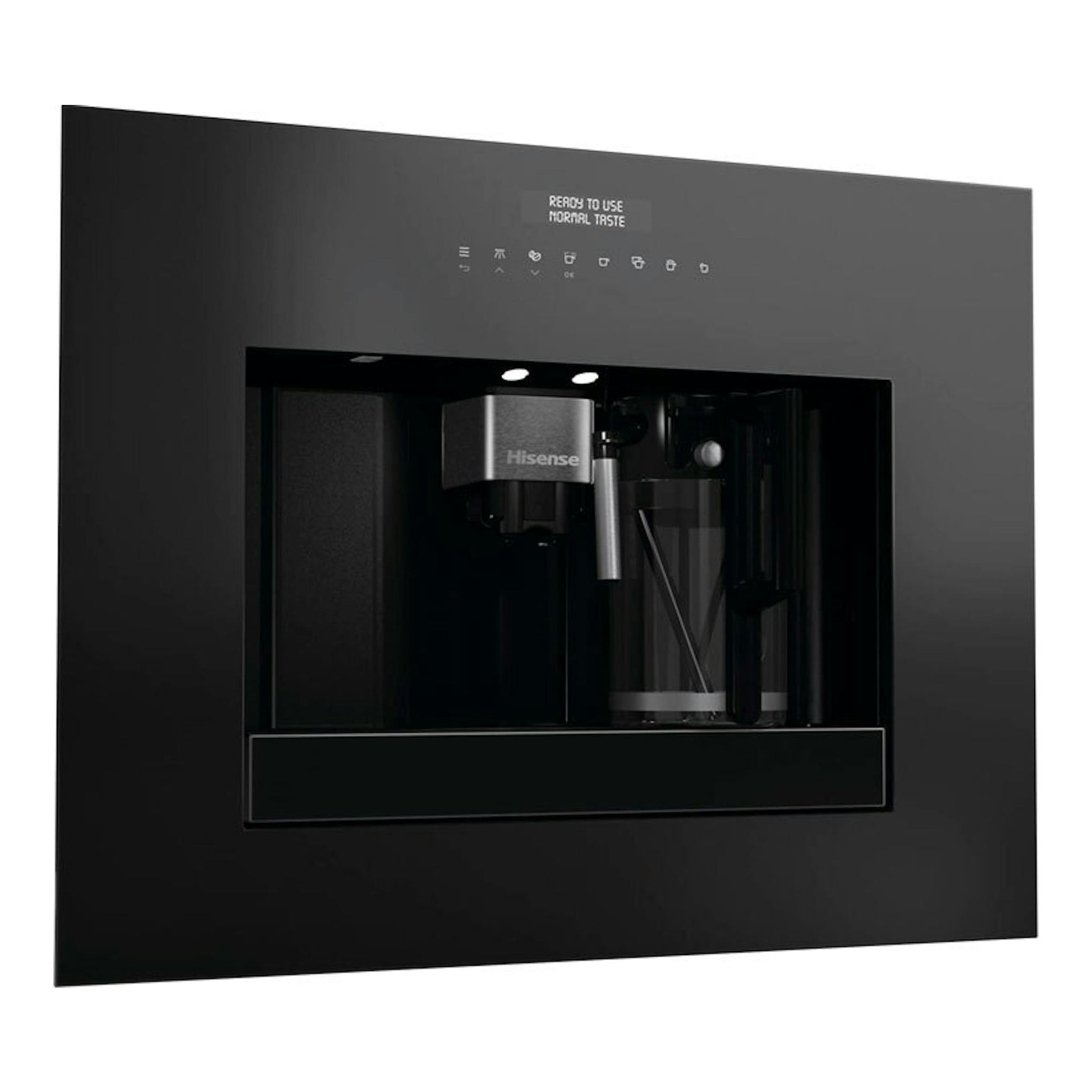 Cafetera automática integrable Hisense CM4H8BG, vista frontal, negra, con panel táctil y compartimento central.