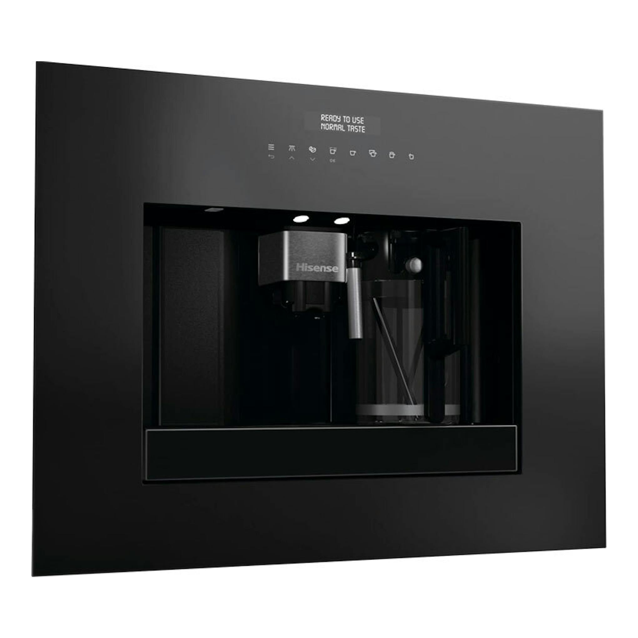 Cafetera automática integrable Hisense CM4H8BG, vista frontal, negra, con panel táctil y compartimento central.