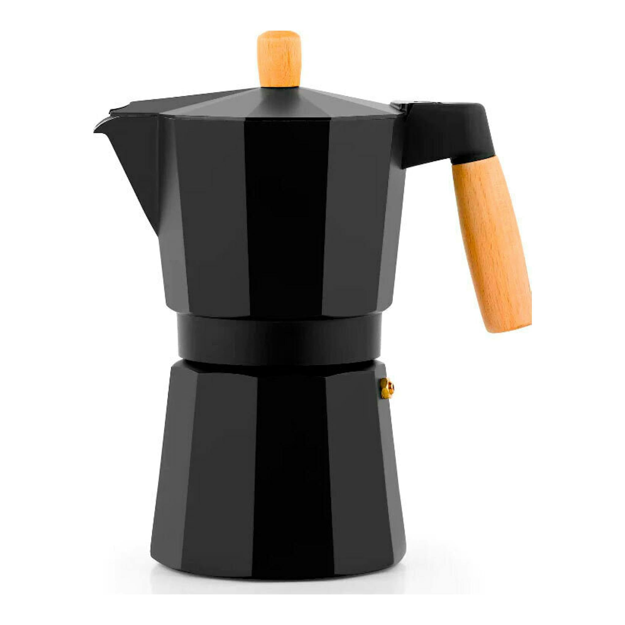 Cafetera moka Bra Market de 6 tazas, negra, con mango y pomo de madera, vista frontal.