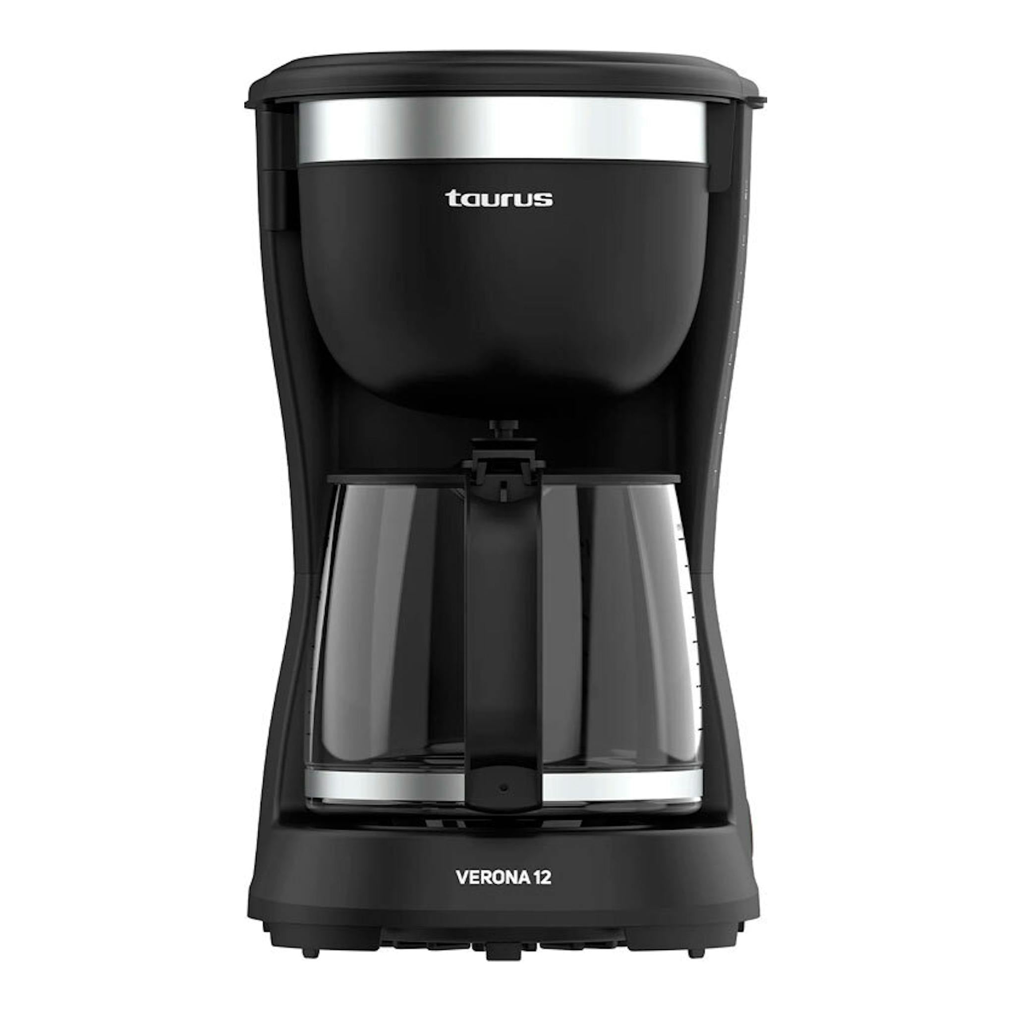 Cafetera de goteo Taurus Verona 12 negra, vista frontal, con jarra de vidrio.
