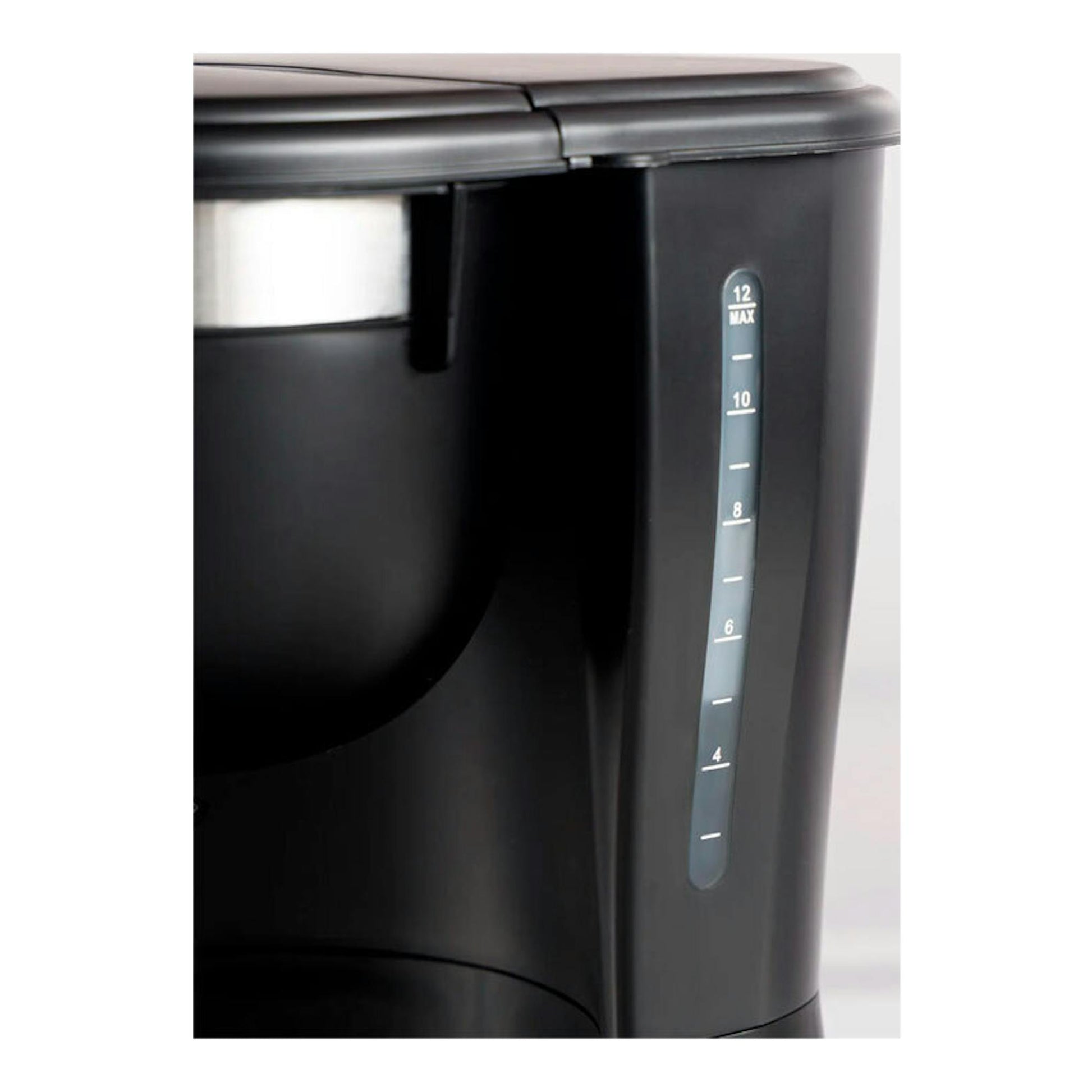 Cafetera de goteo Taurus Verona 12 negra, vista lateral con indicador de nivel de agua.