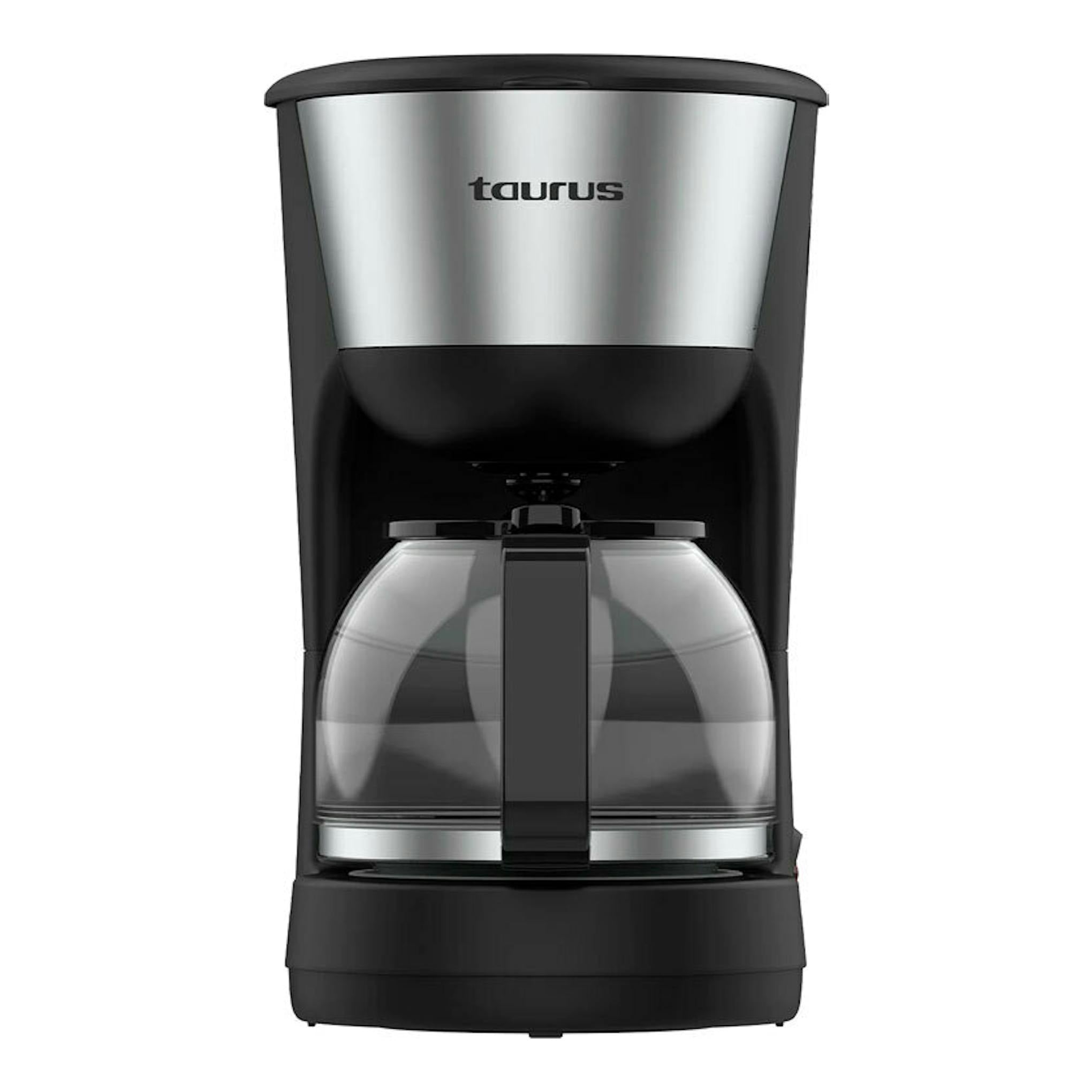 Cafetera de goteo Taurus Verona 12 Inox, vista frontal, negra con frontal plateado y jarra de vidrio.