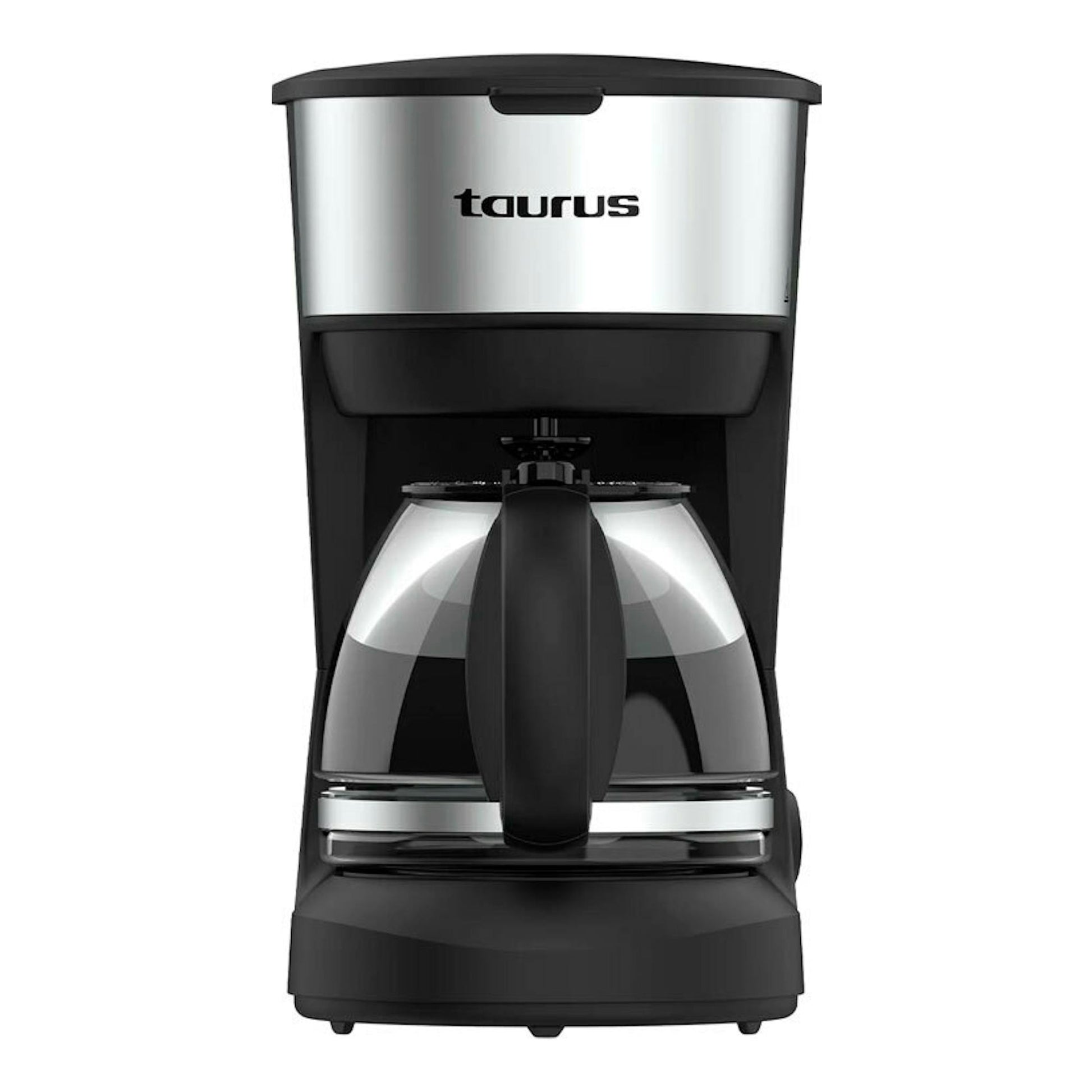 Cafetera de goteo Taurus Verona 6 Inox, vista frontal, negra y plateada, con jarra de cristal.