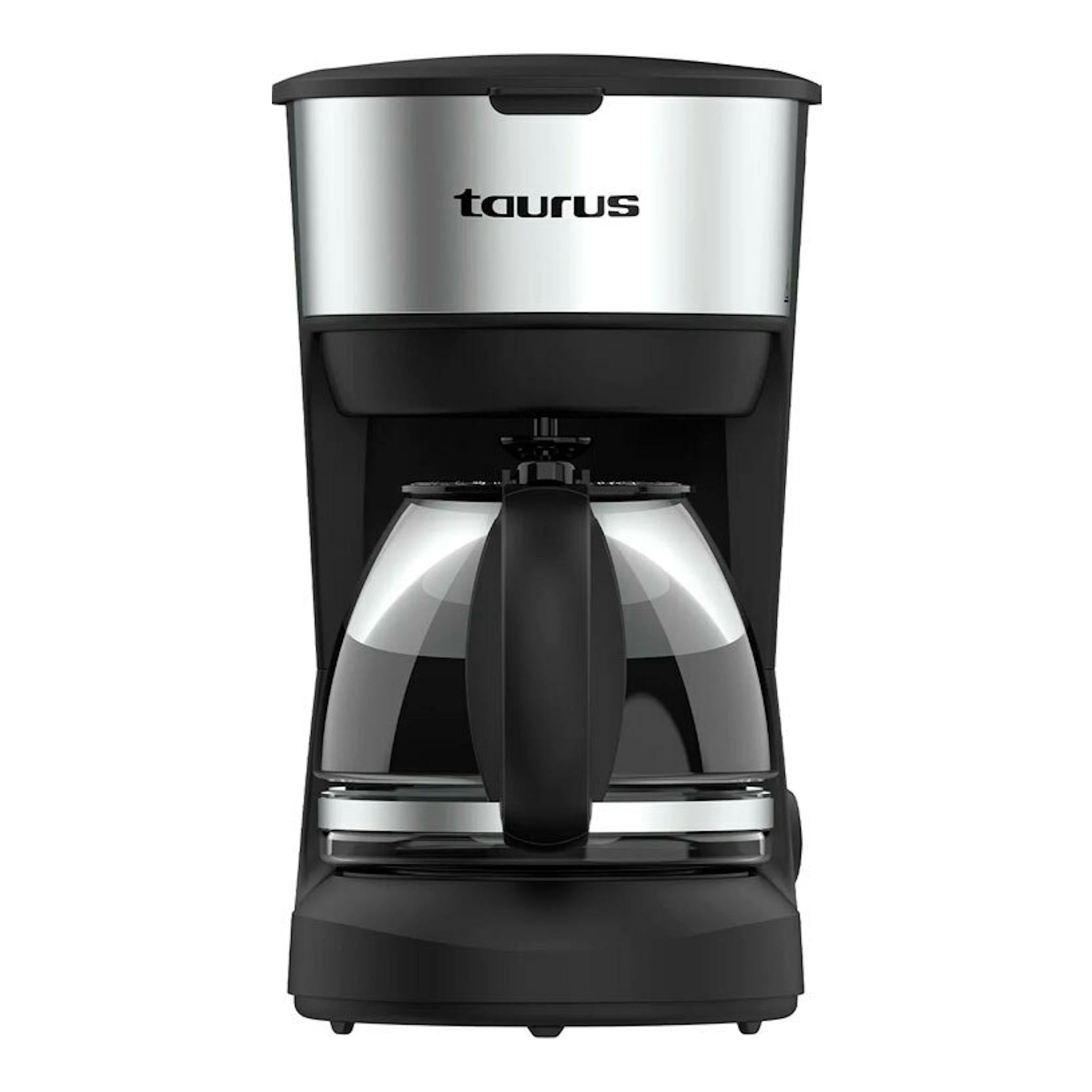Cafetera de goteo Taurus Verona 6 Inox, vista frontal, negra y plateada, con jarra de cristal.