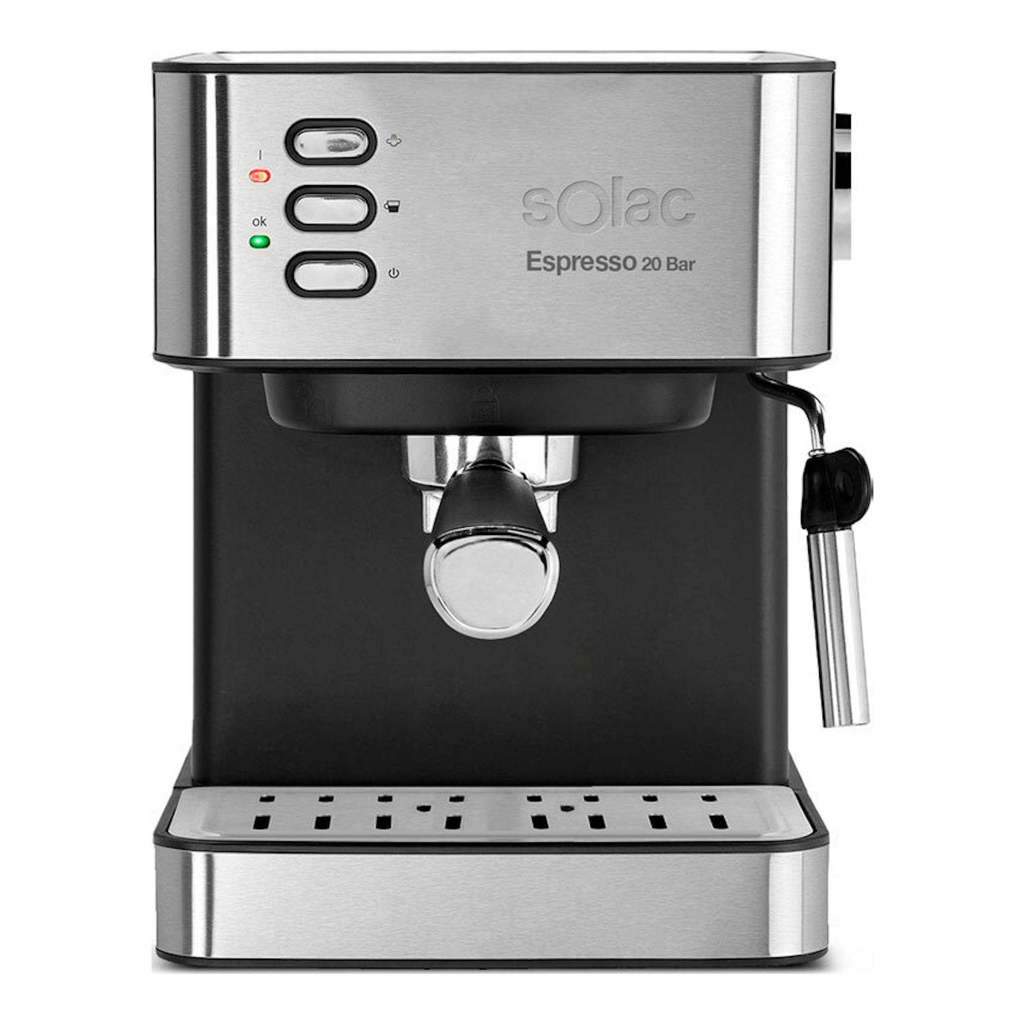 Cafetera espresso Solac CE4481, vista frontal, acero inoxidable y negro, con vaporizador lateral.