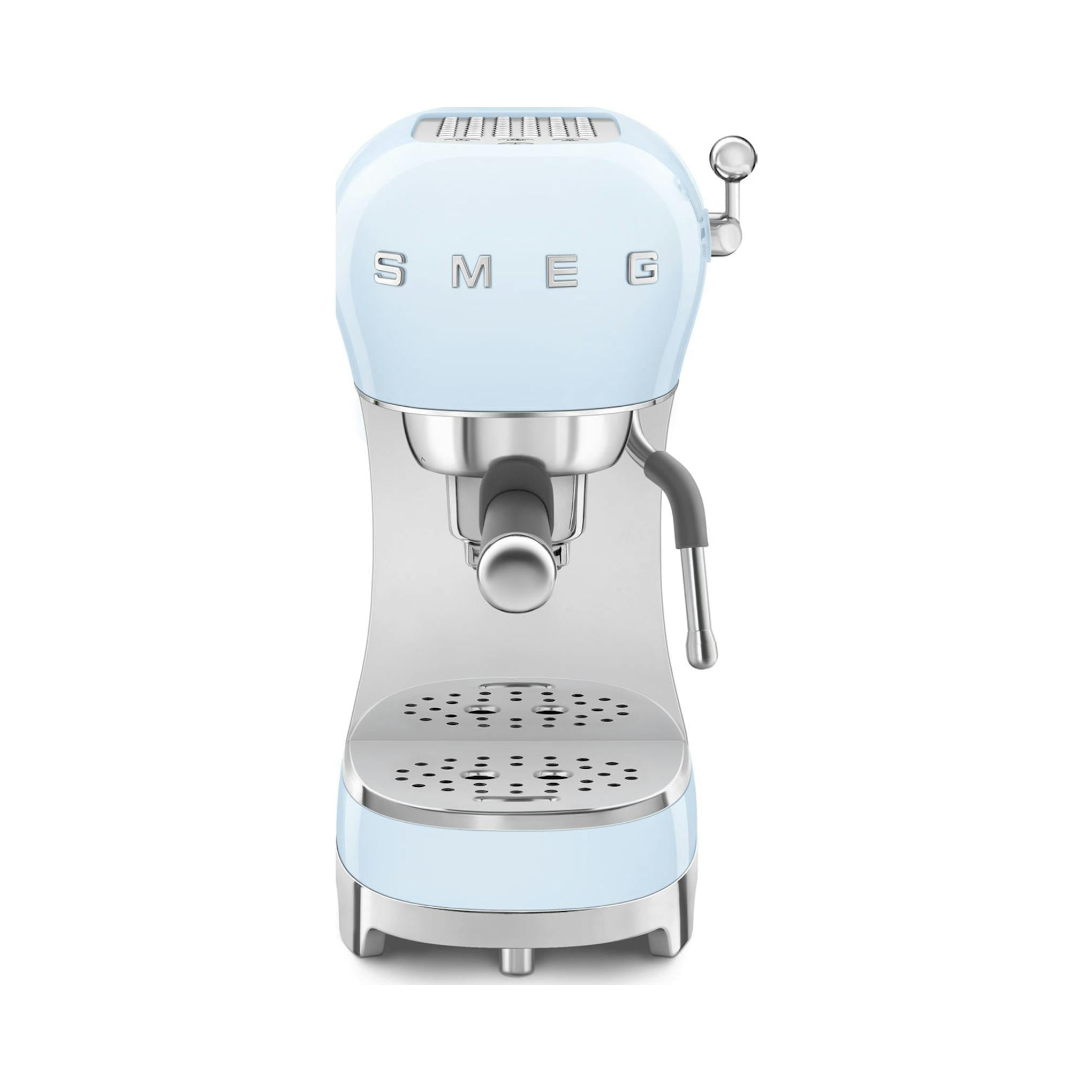 Cafetera espresso Smeg ECF02PBEU azul, vista frontal sobre fondo blanco.