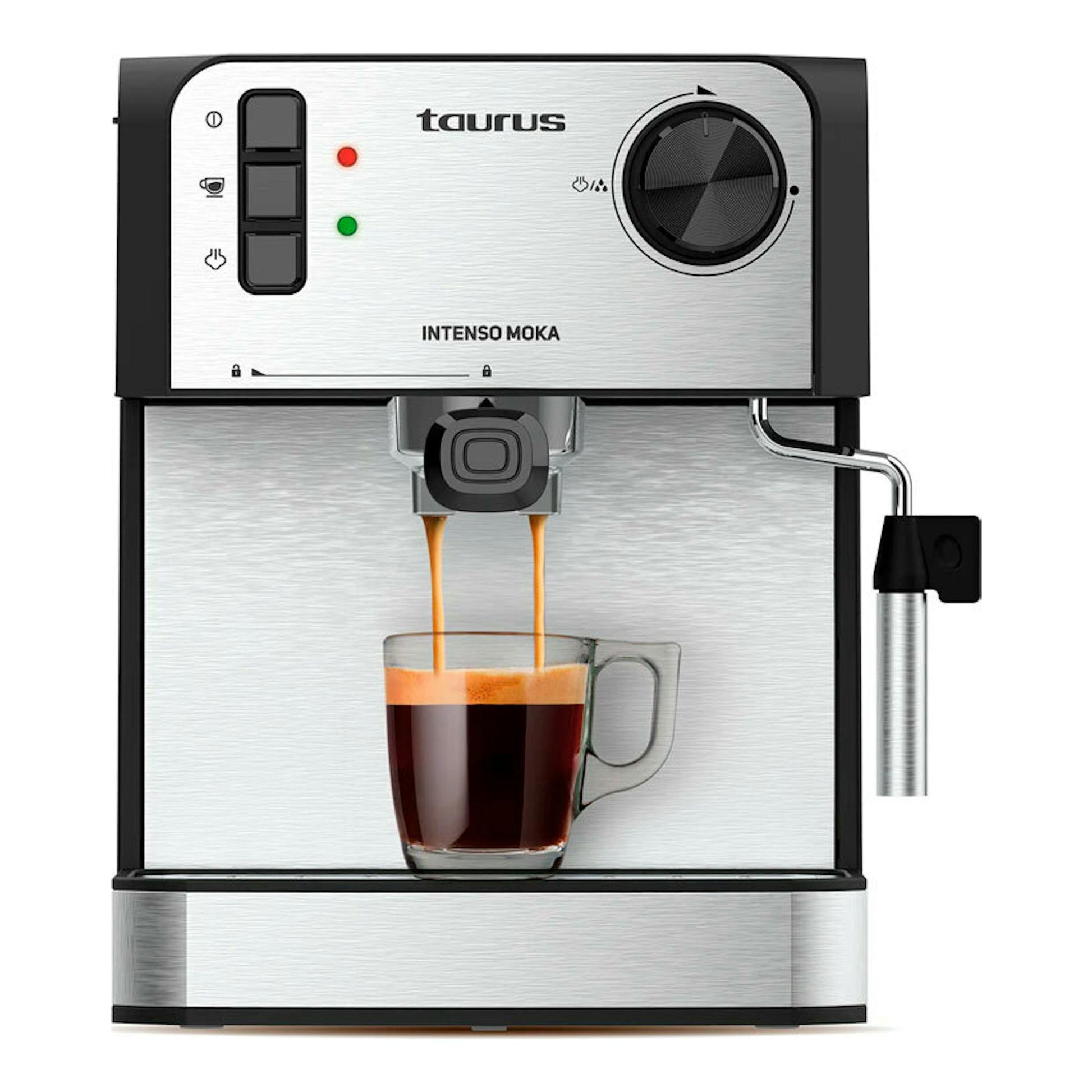 Cafetera espresso Taurus Intenso Moka, vista frontal, en acero inoxidable y negro, sirviendo café en una taza de vidrio.