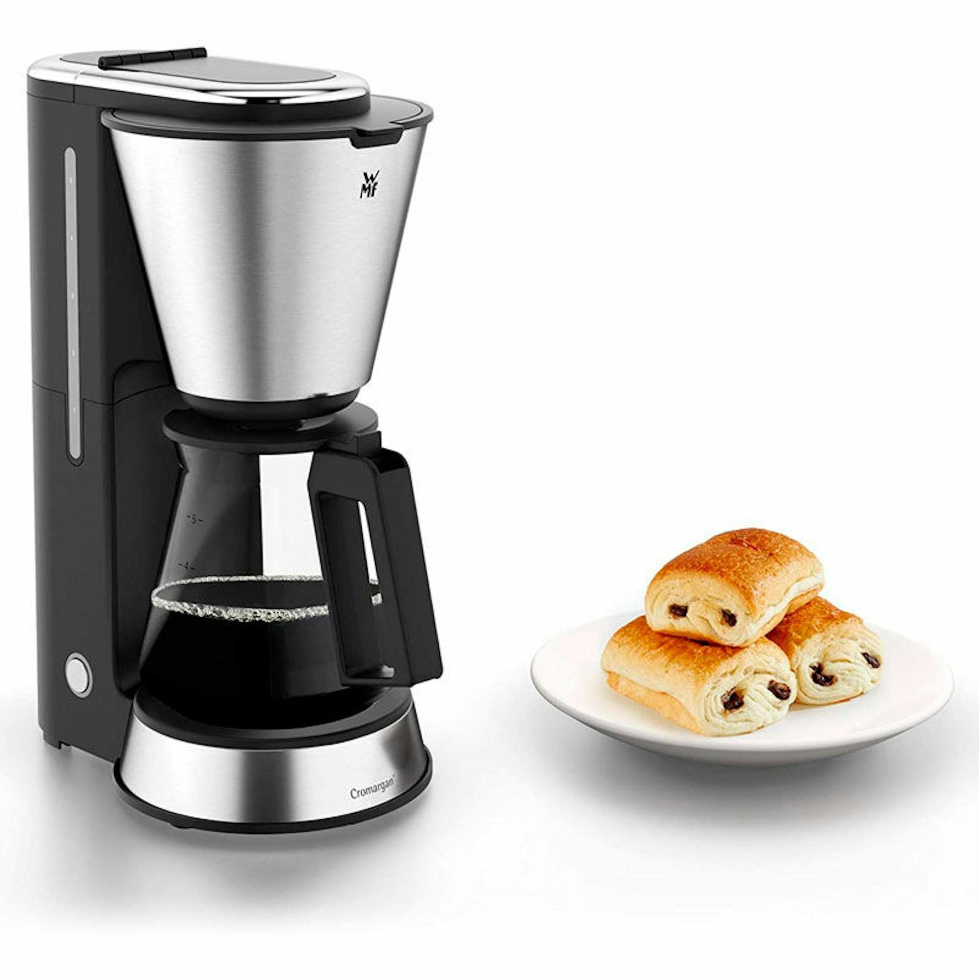Cafetera de goteo WMF Aroma con jarra de cristal y plato con bollería