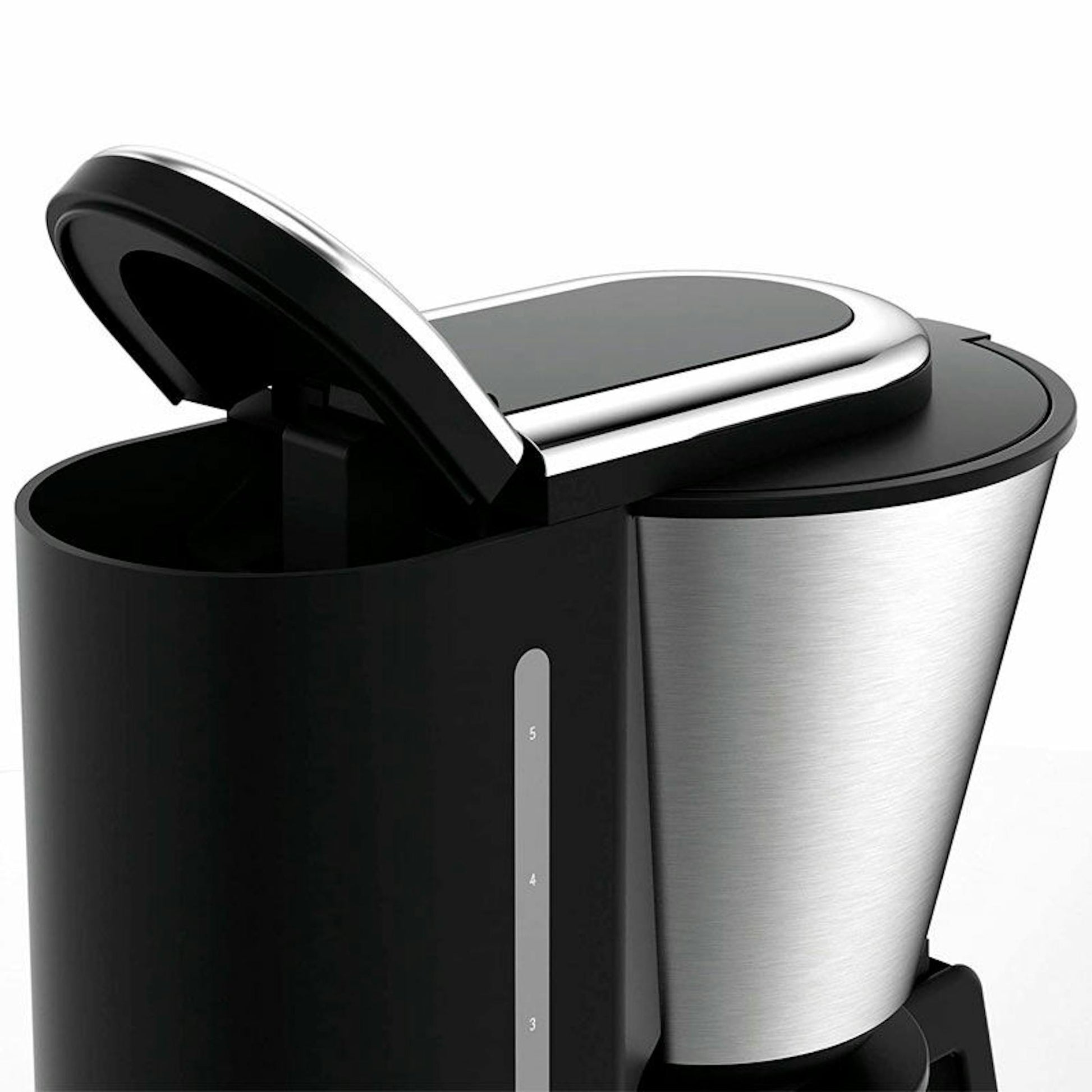 Cafetera de goteo WMF Aroma negra y acero inoxidable con la tapa abierta