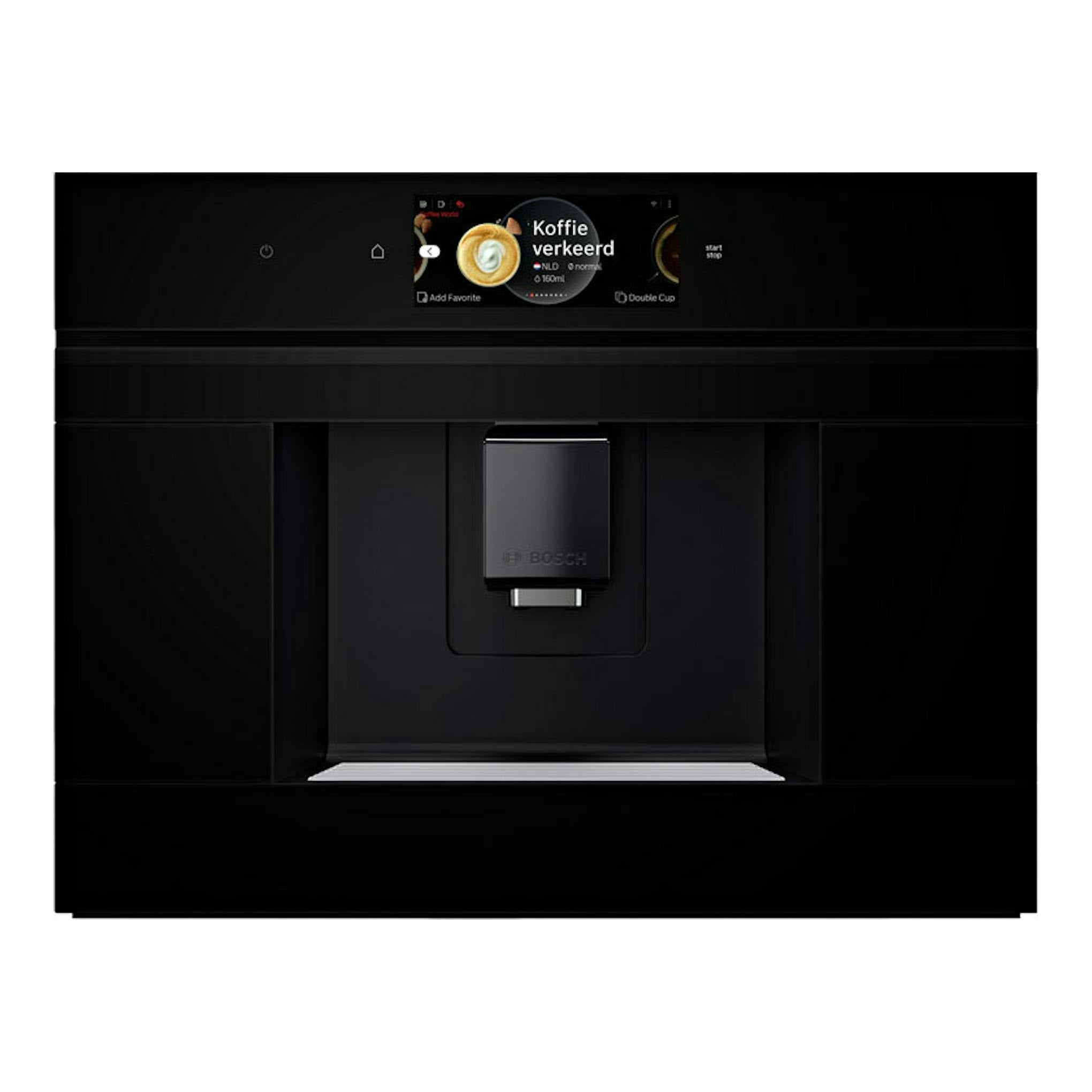 Cafetera integrable Bosch CTL7181B0 negra, vista frontal, con pantalla táctil y surtidor central.