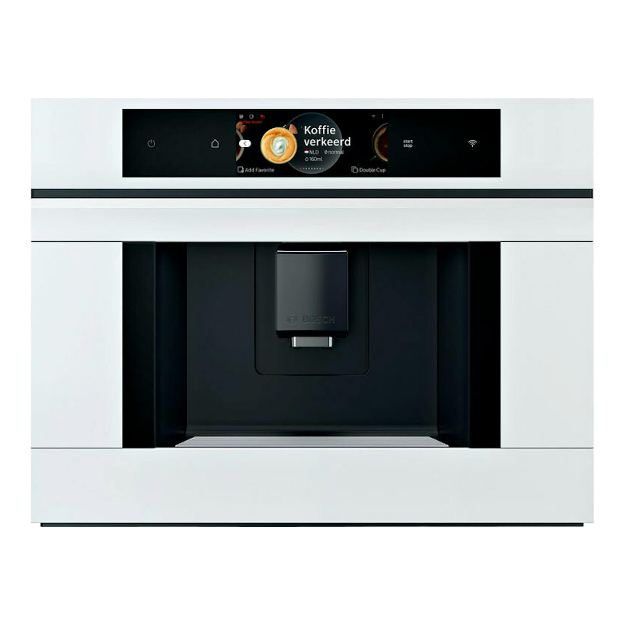 Cafetera integrable Bosch CTL7181W0 blanca, vista frontal, con panel negro y pantalla táctil.