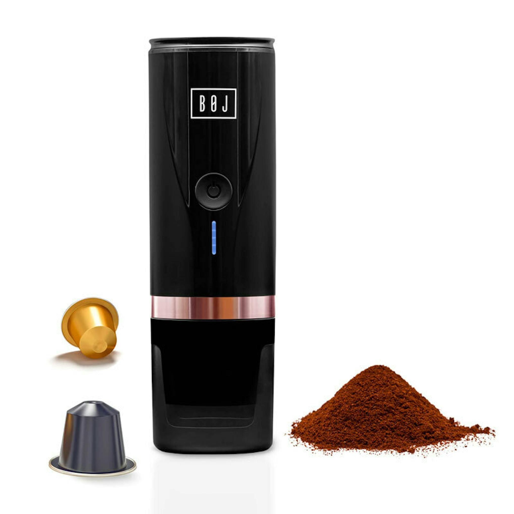 Cafetera portátil BOJ Giro negra con cápsulas y café molido