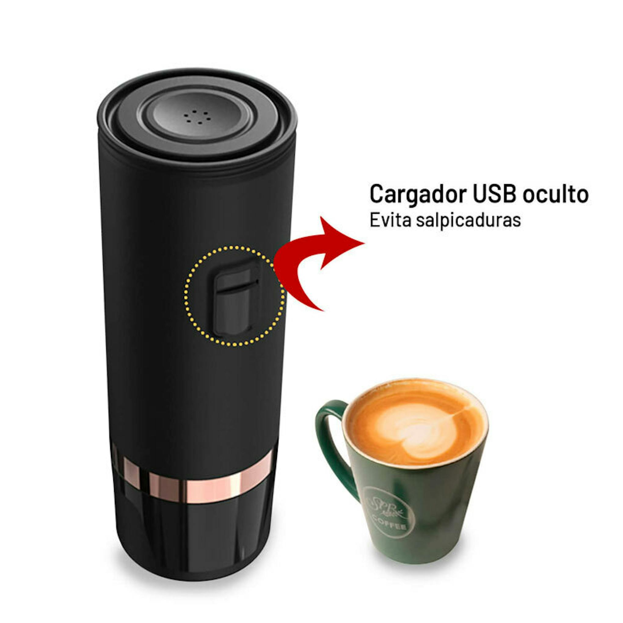 Cafetera portátil Boj Giro Negra con taza de café y cargador USB oculto