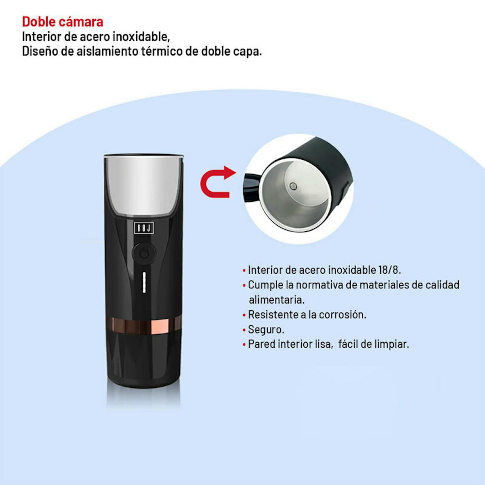 Cafetera portátil Boj Giro Negra con doble cámara e interior de acero inoxidable