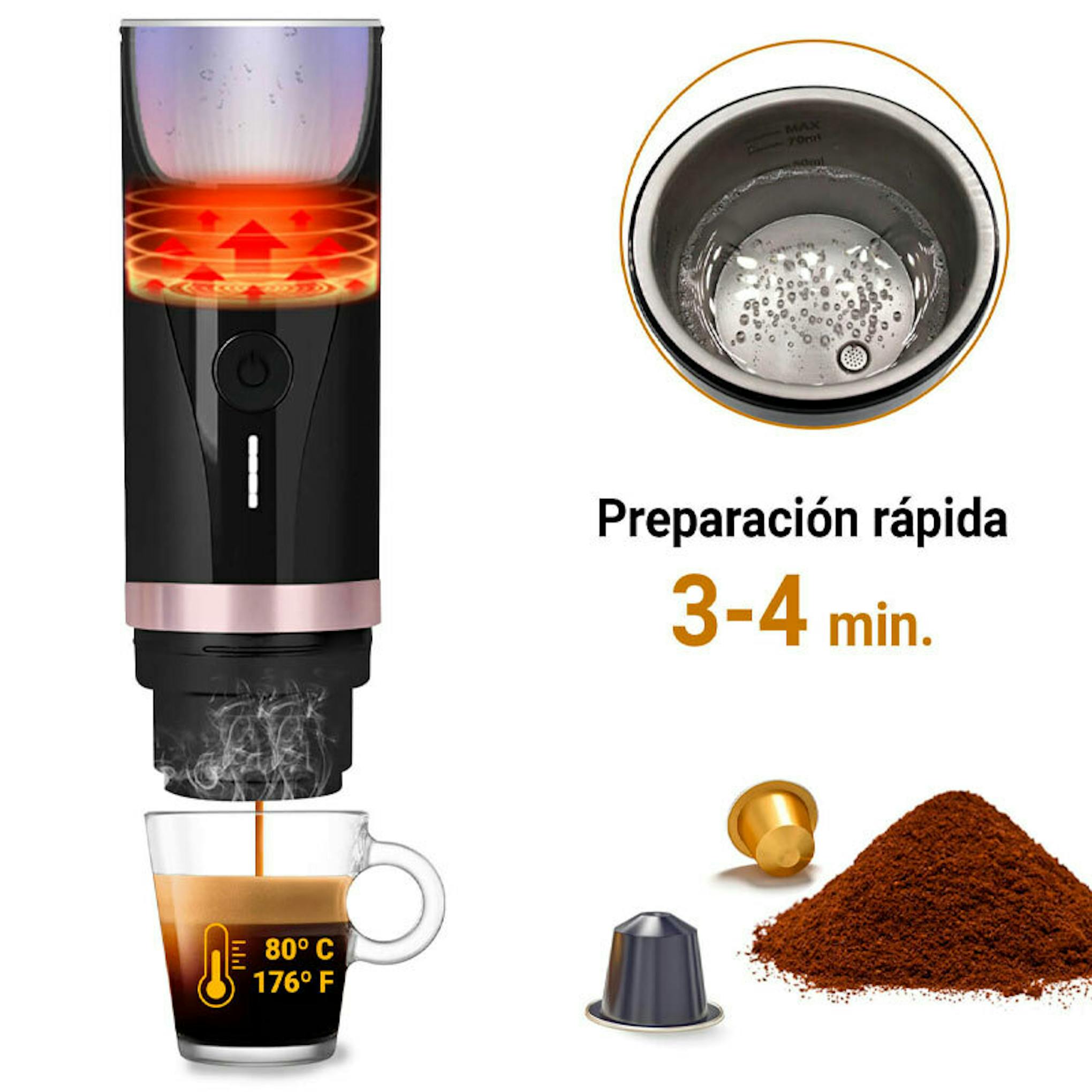 Cafetera portátil Boj Giro Negra con taza de café, cápsula y café molido