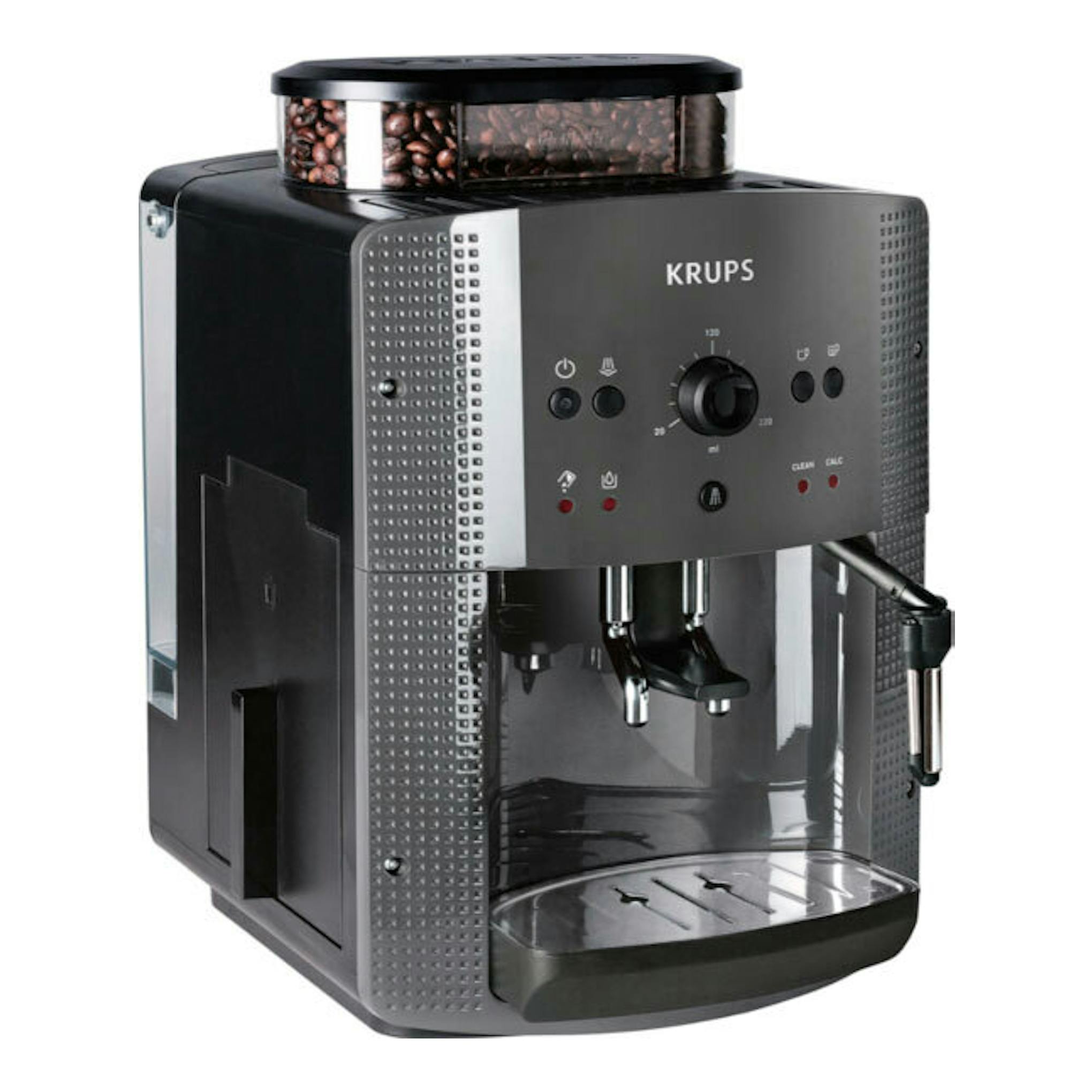 Cafetera superautomática Krups EA810B70 negra, vista frontal en tres cuartos, con depósito superior de granos.