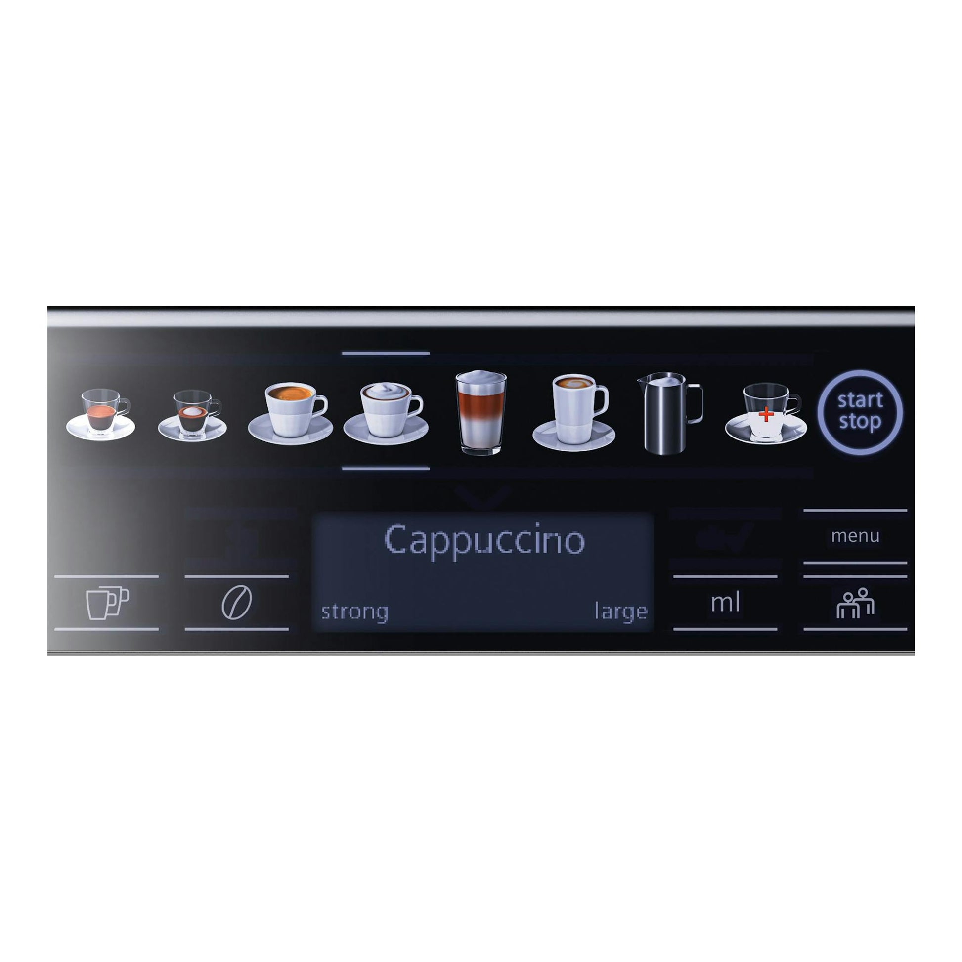 Primer plano frontal del panel de una Siemens TE655203RW con Cappuccino seleccionado y botones táctiles.