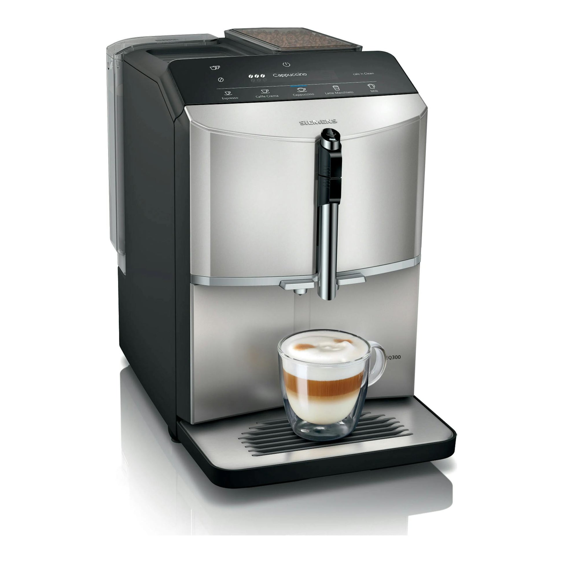 Cafetera superautomática Siemens EQ300, vista frontal en negro y plata, con taza de cappuccino.