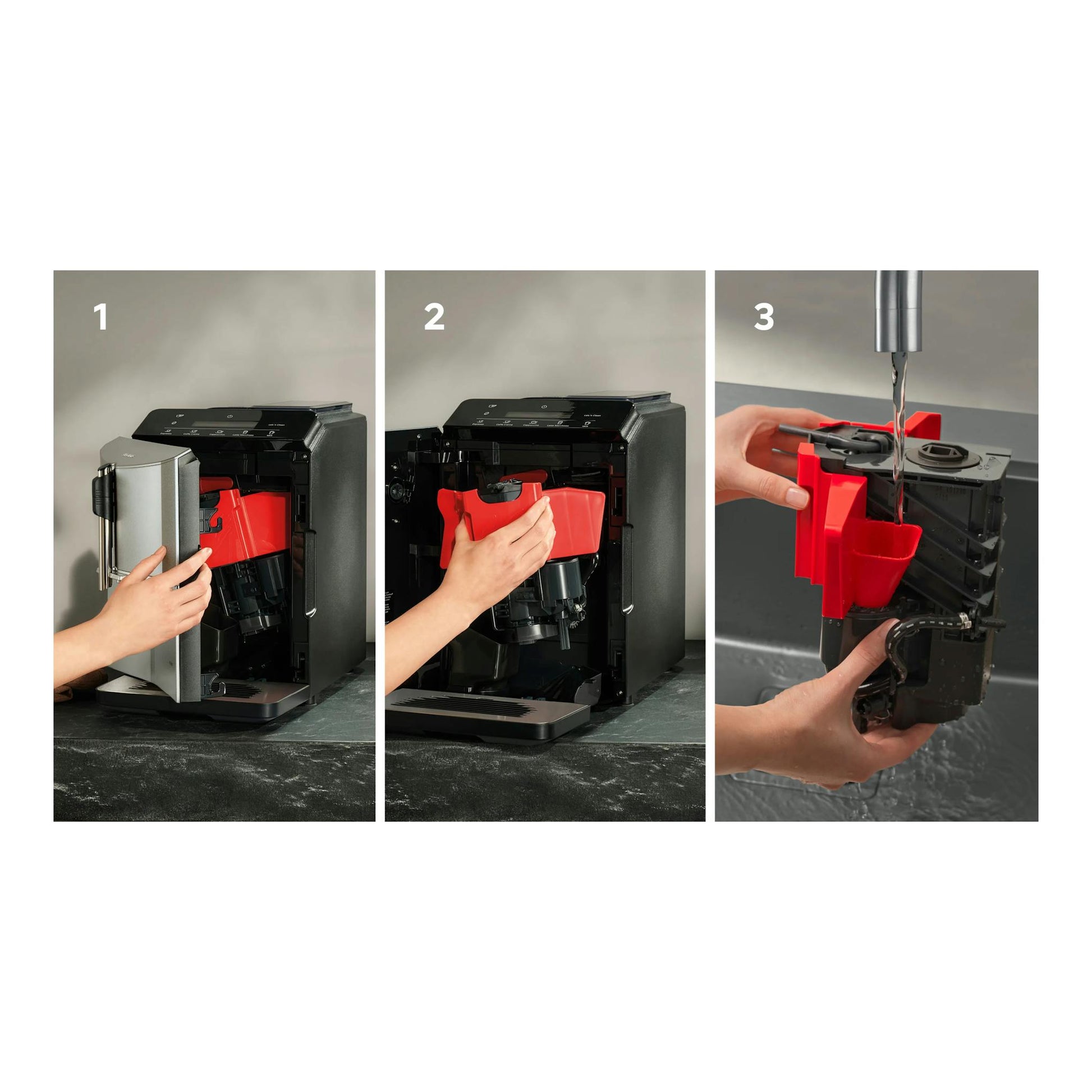 Cafetera superautomática Siemens TF303E07 negra, con unidad roja extraíble; collage frontal de 3 vistas.