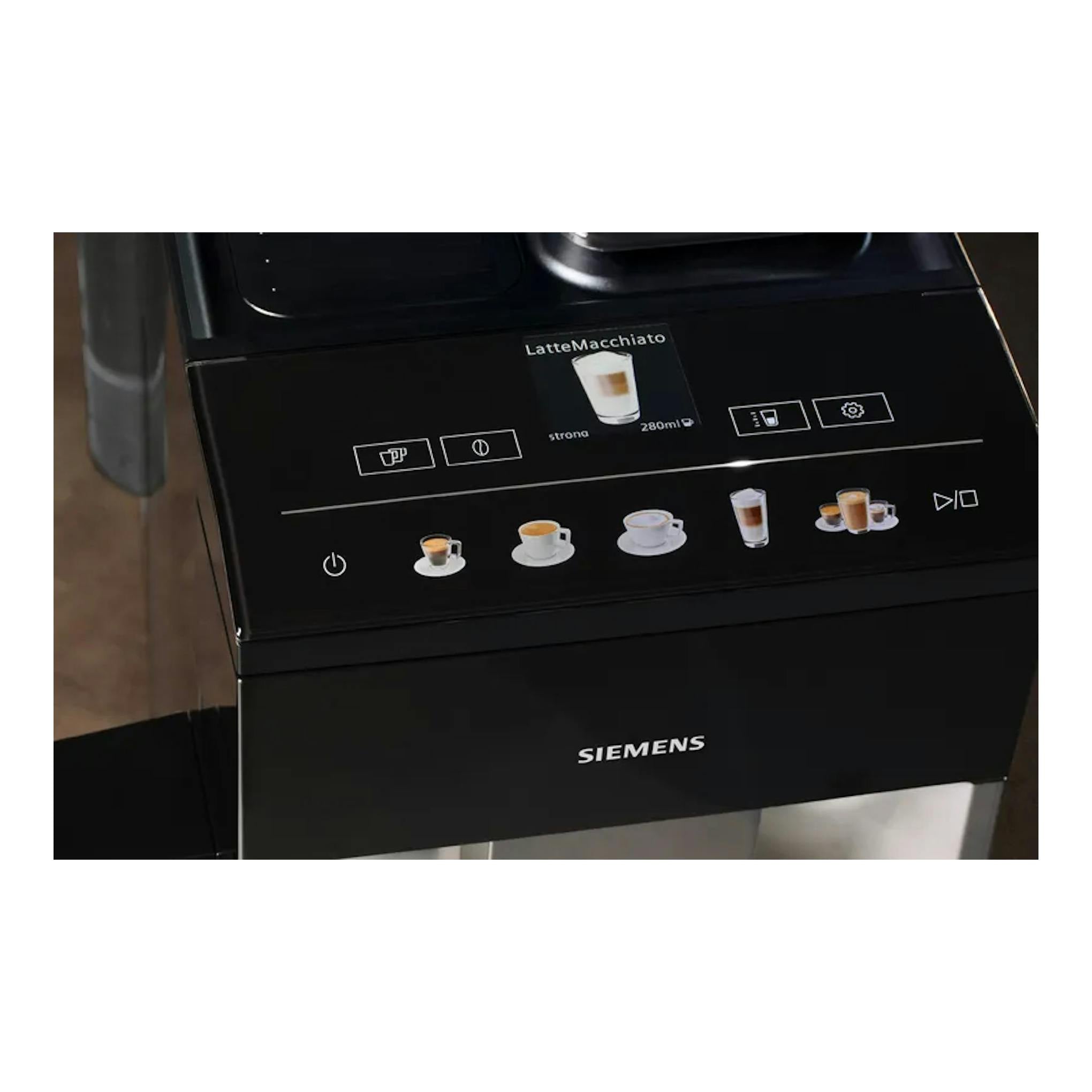 Cafetera superautomática Siemens TQ513R01 negra, vista frontal superior, con panel táctil y pantalla.