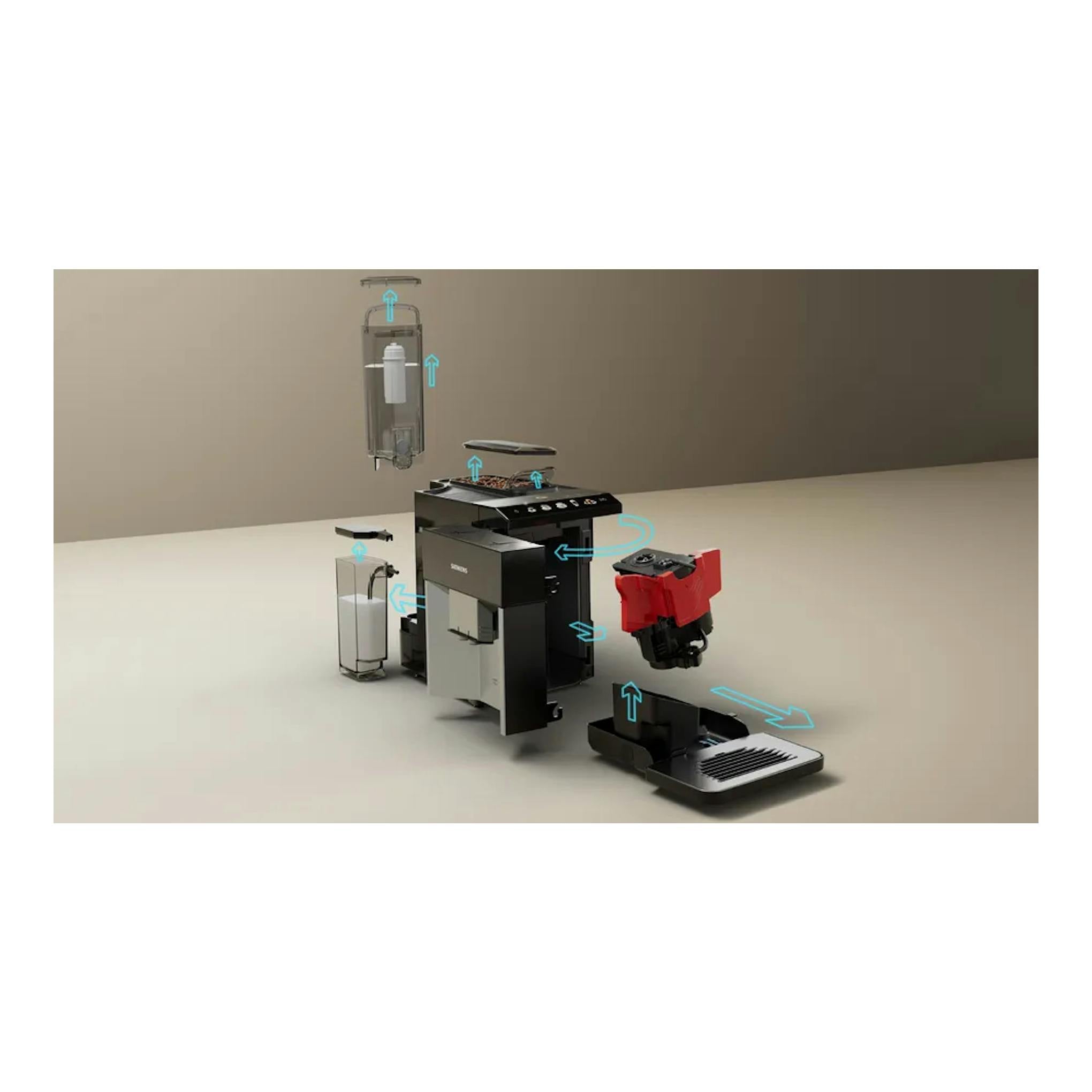 Siemens TQ513R01, cafetera superautomática en vista explotada, con piezas separadas en negro y rojo.