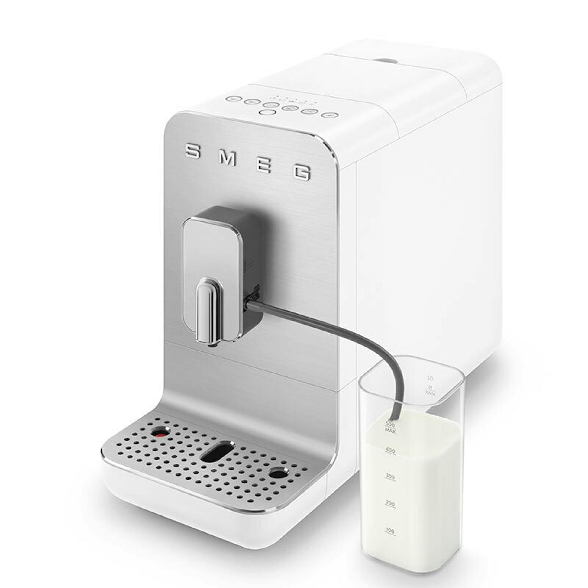 Cafetera superautomática Smeg BCC13WHMEU blanca con depósito de leche