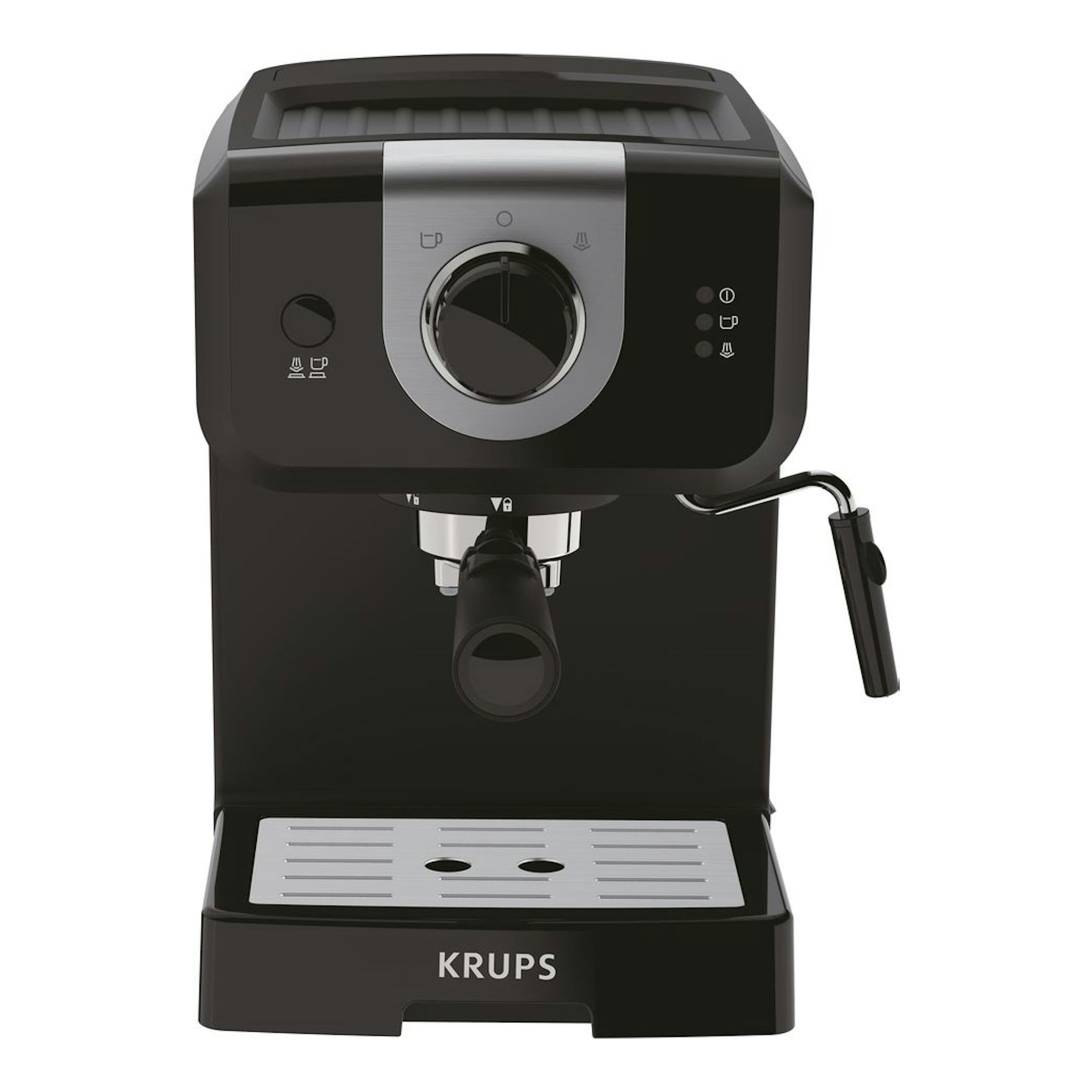 Cafetera espresso Krups OPIO XP320810 negra, vista frontal, con vaporizador y bandeja metálica.