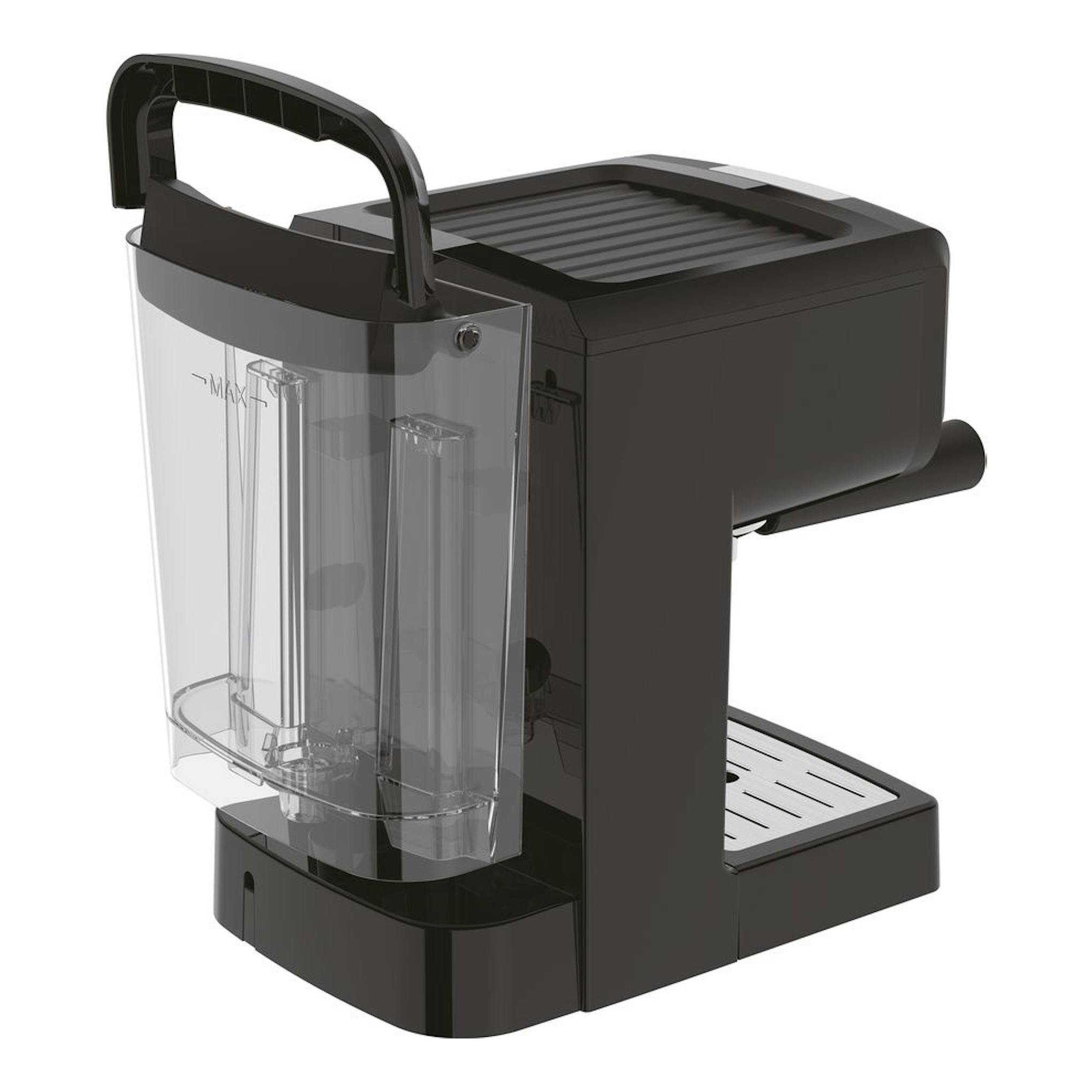 Cafetera espresso Krups OPIO XP320810 negra, vista en tres cuartos, con depósito de agua transparente.