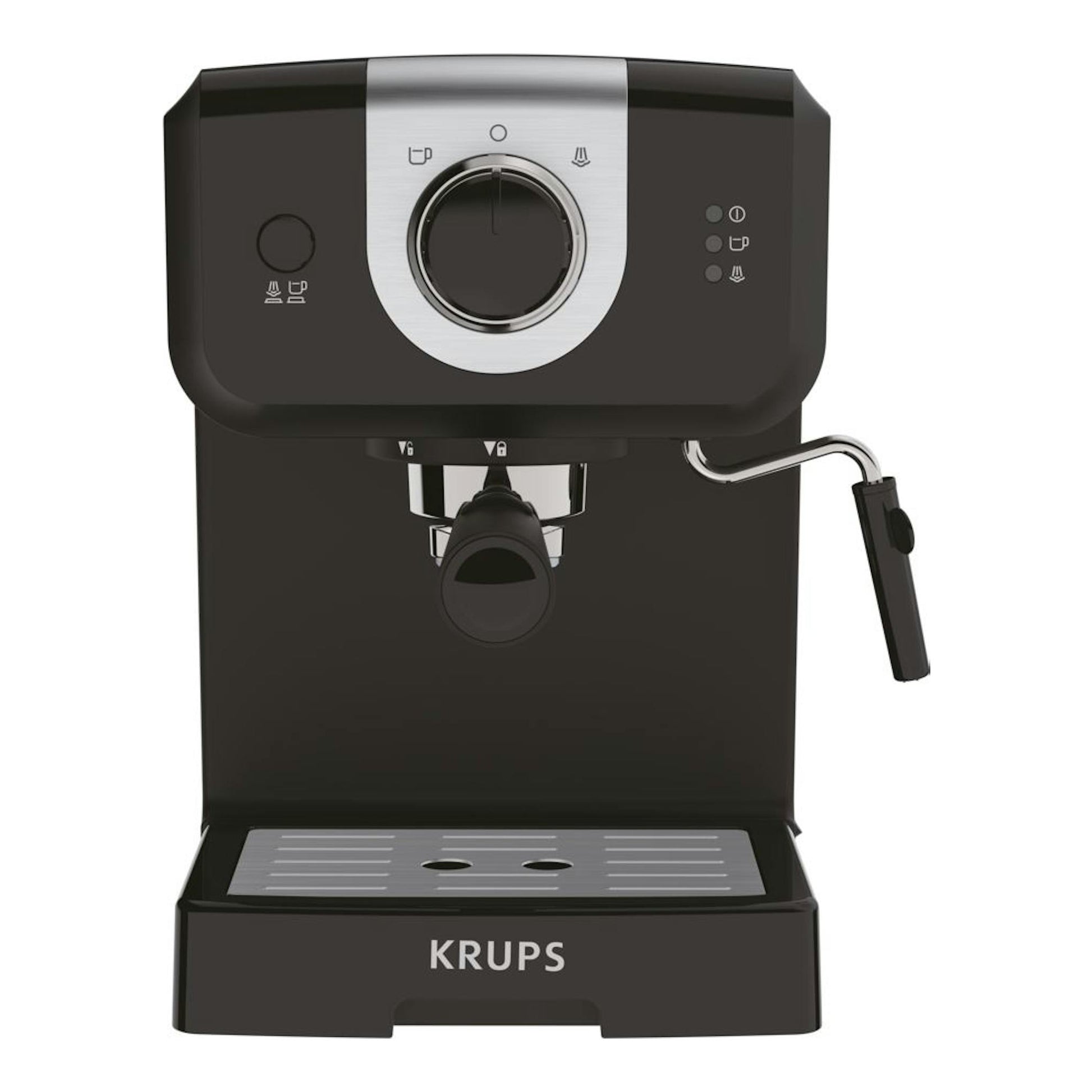 Cafetera espresso Krups OPIO XP320810 negra, vista frontal, con vaporizador y panel plateado.