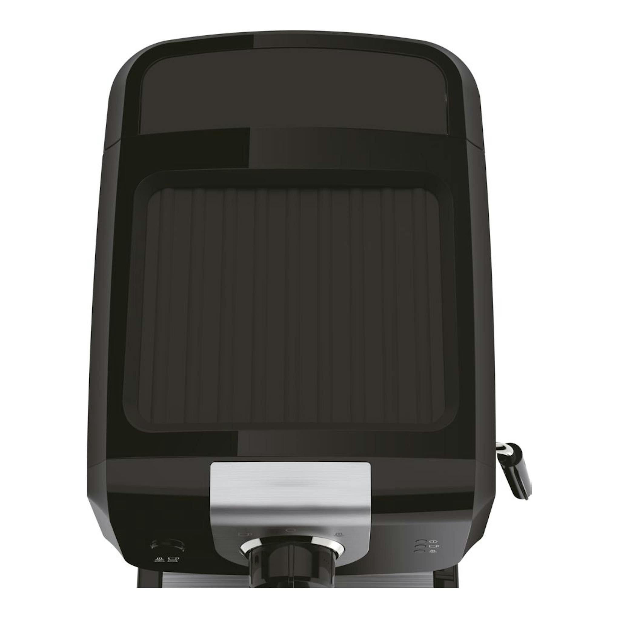 Krups OPIO XP320810, cafetera espresso negra, vista frontal con vaporizador lateral.