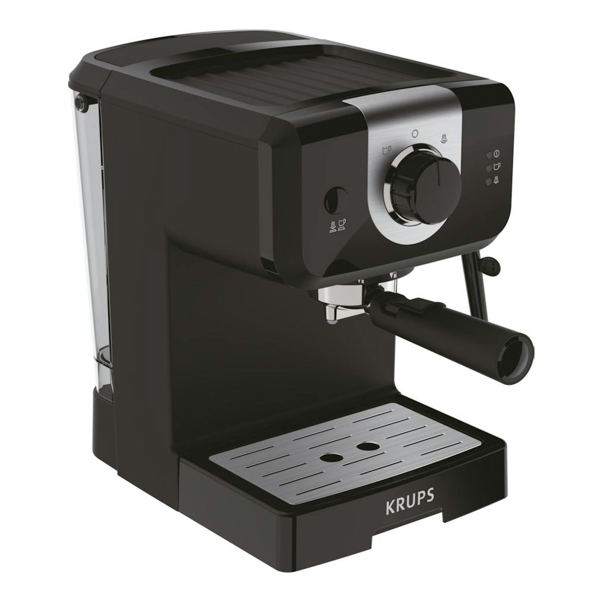 Cafetera espresso Krups OPIO XP320810 negra, vista frontal en ángulo, con portafiltro y vaporizador.